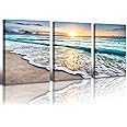 JiazuGo Modern Ocean Decor - 3 Panels Deep Blue Sea Wave Sunset Canvas Wall Art, Beach Bathroom & Living Room Decor, Seascape Paintings for Home, Bedroom Wall Decor