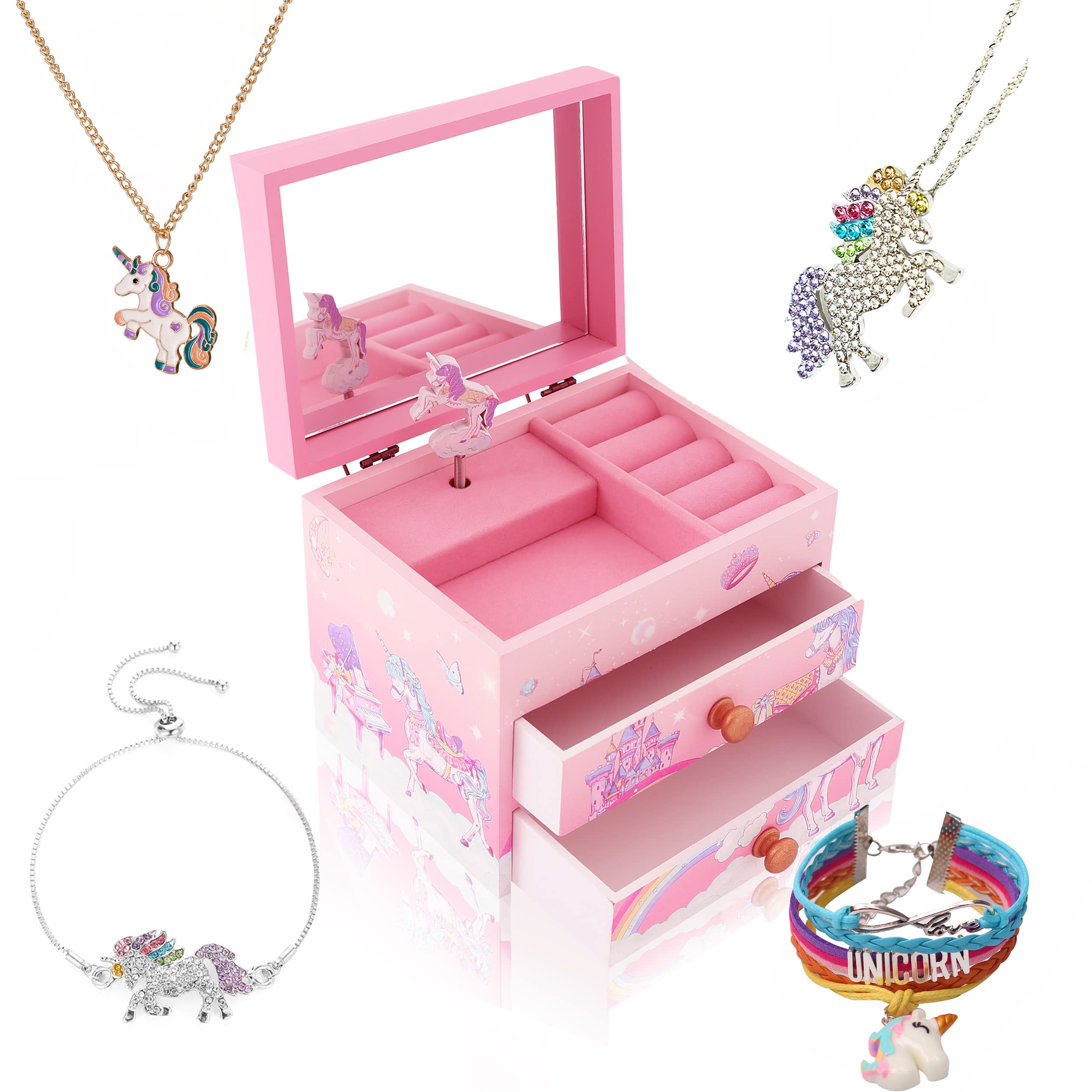 ZOOWING Girls Musical Jewelry Box Toys Gifts with Full Size Mirror and Unicorn Jewelry Set (A-Unicorn7)