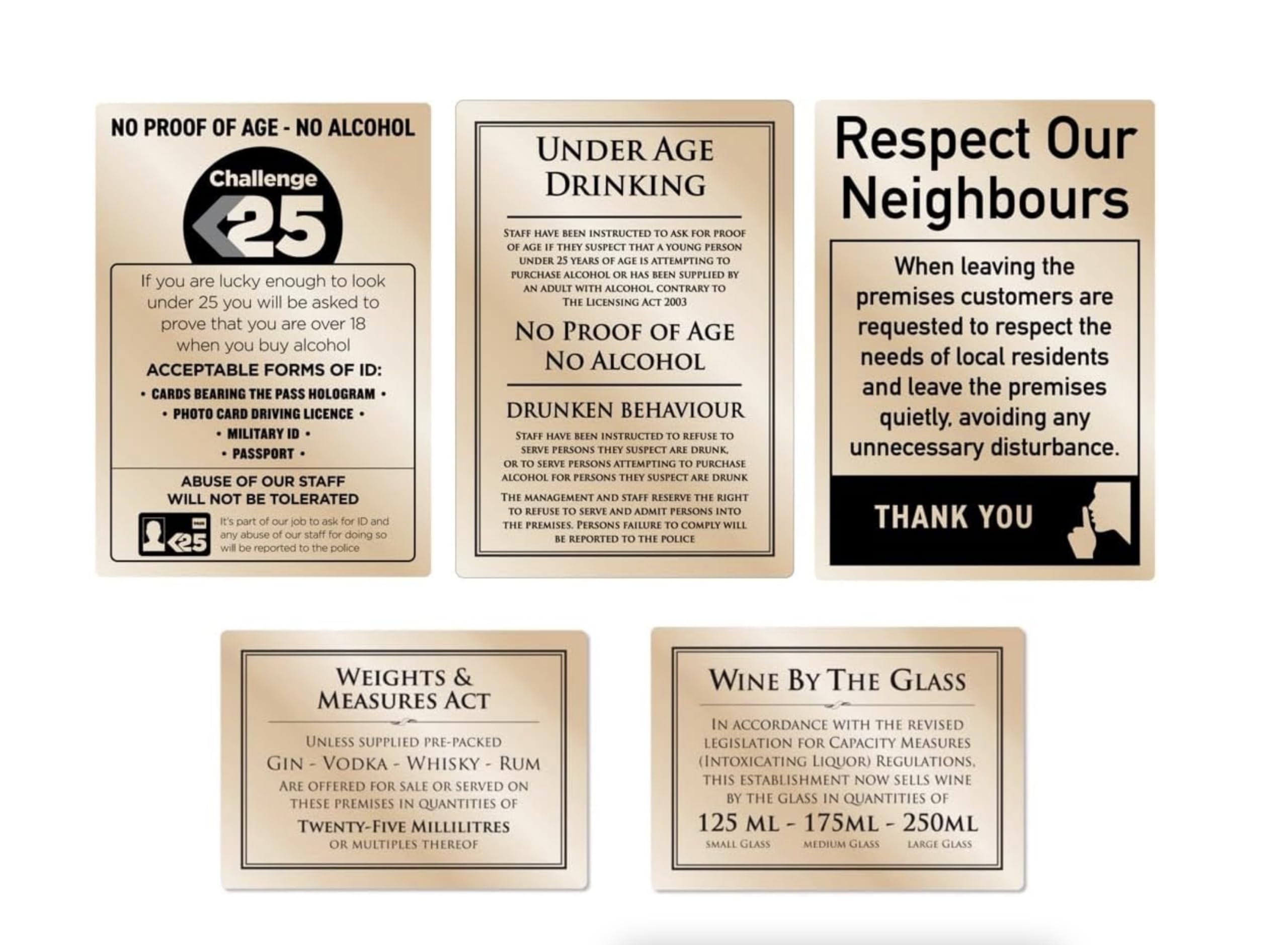 Essential Bar Licensing Sign Pack EMGLPK Pack 5 Pcs 25ml Pub Restaurant Catering Gold