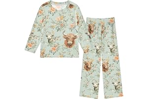 Highland Cows Vintage Flower Long Sleeve Tops with Pants Soft Sleepwear 2 Piece Pajamas Set