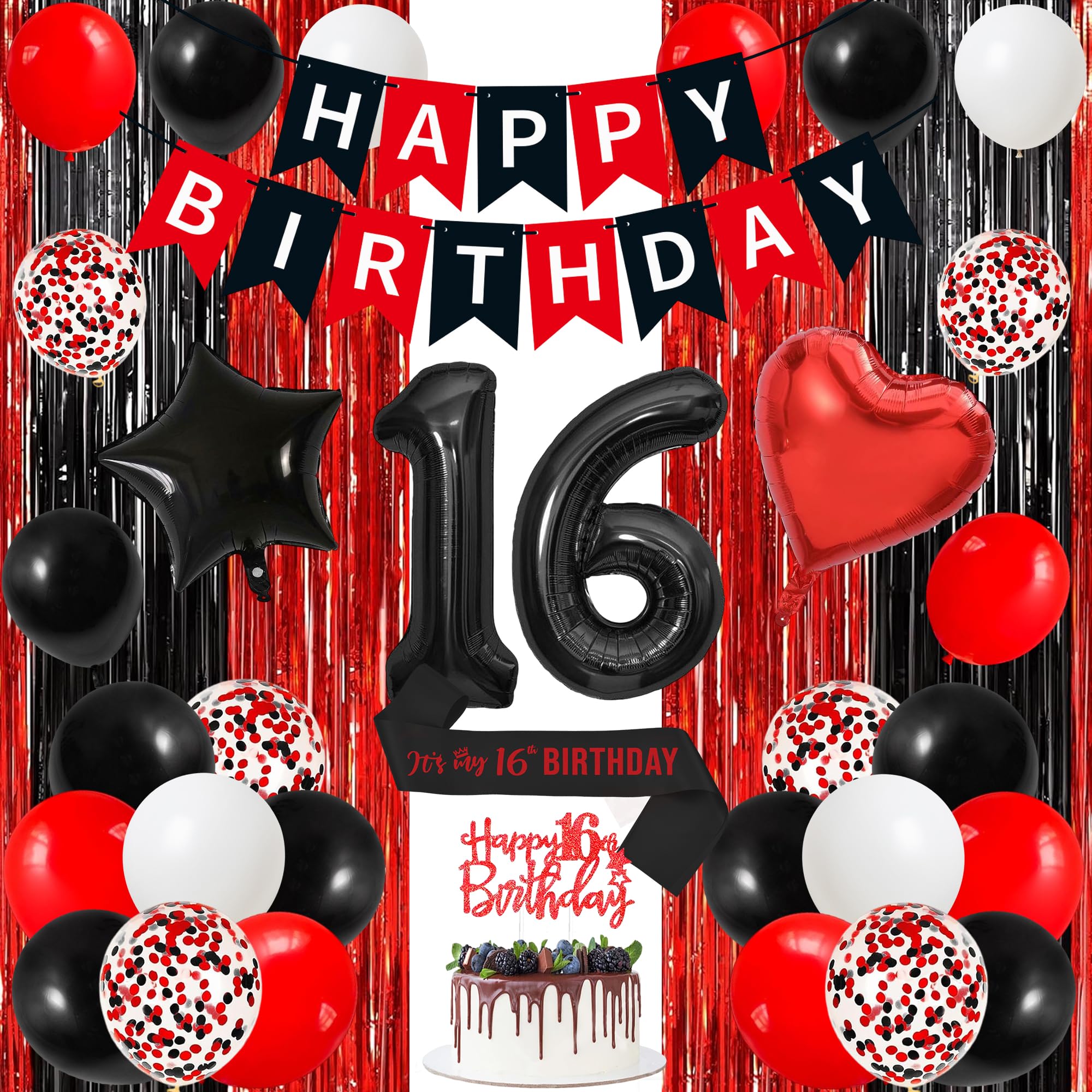 Photo 1 of Trgowaul 16th Birthday Decorations for Boys Girls, Banner, Bday Sash, Happy 16 Cake Topper, 16 Number Balloon, Fringe Curtains, Black and Red Sweet 16th Birthday Party Supplies