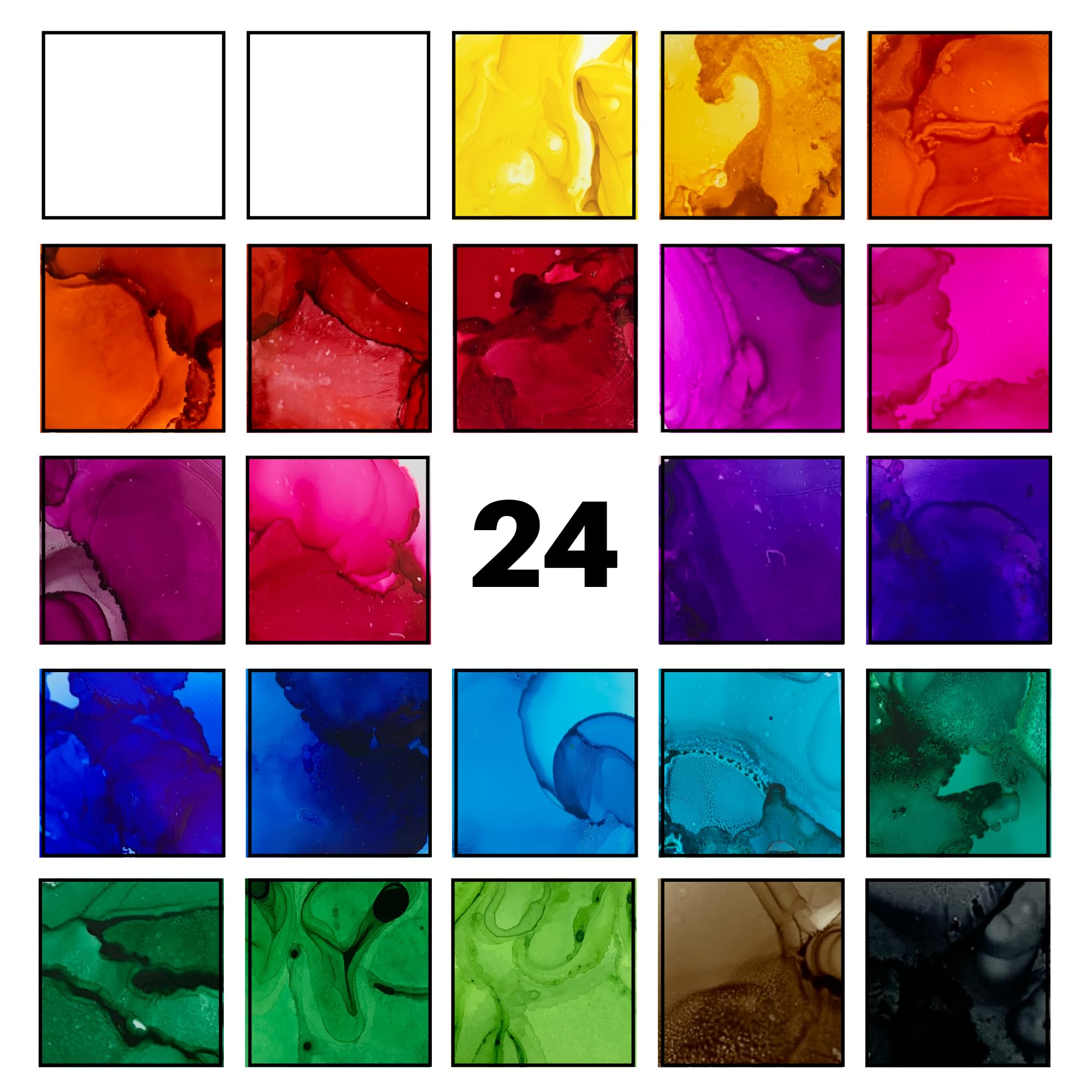 Alcohol Ink Set - New Improved Formula - 24 Highly Saturated, Fast-Drying, Permanent Inks for Epoxy Resin, Tumblers, Fluid Art Painting, Glass, Metal, and More