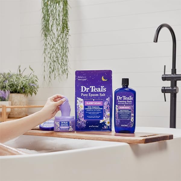 DR TEAL’S PURE EPSOM SALT SOAK, SLEEP BLEND WITH MELATONIN, LAVENDER & CHAMOMILE ESSENTIAL OILS, 3 LBS