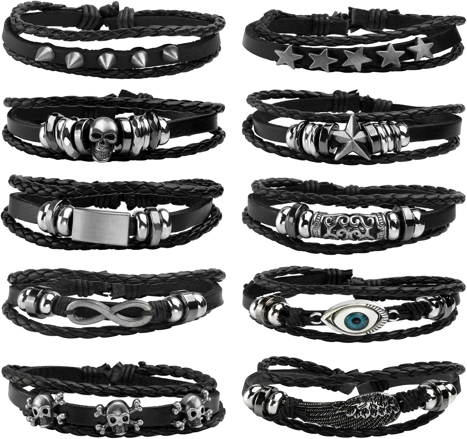 MILAKOO 10 Pcs Punk Goth Leather Bracelets Handmade Braided PU Bracelets for Men Women Skull & Star & Studded Charms