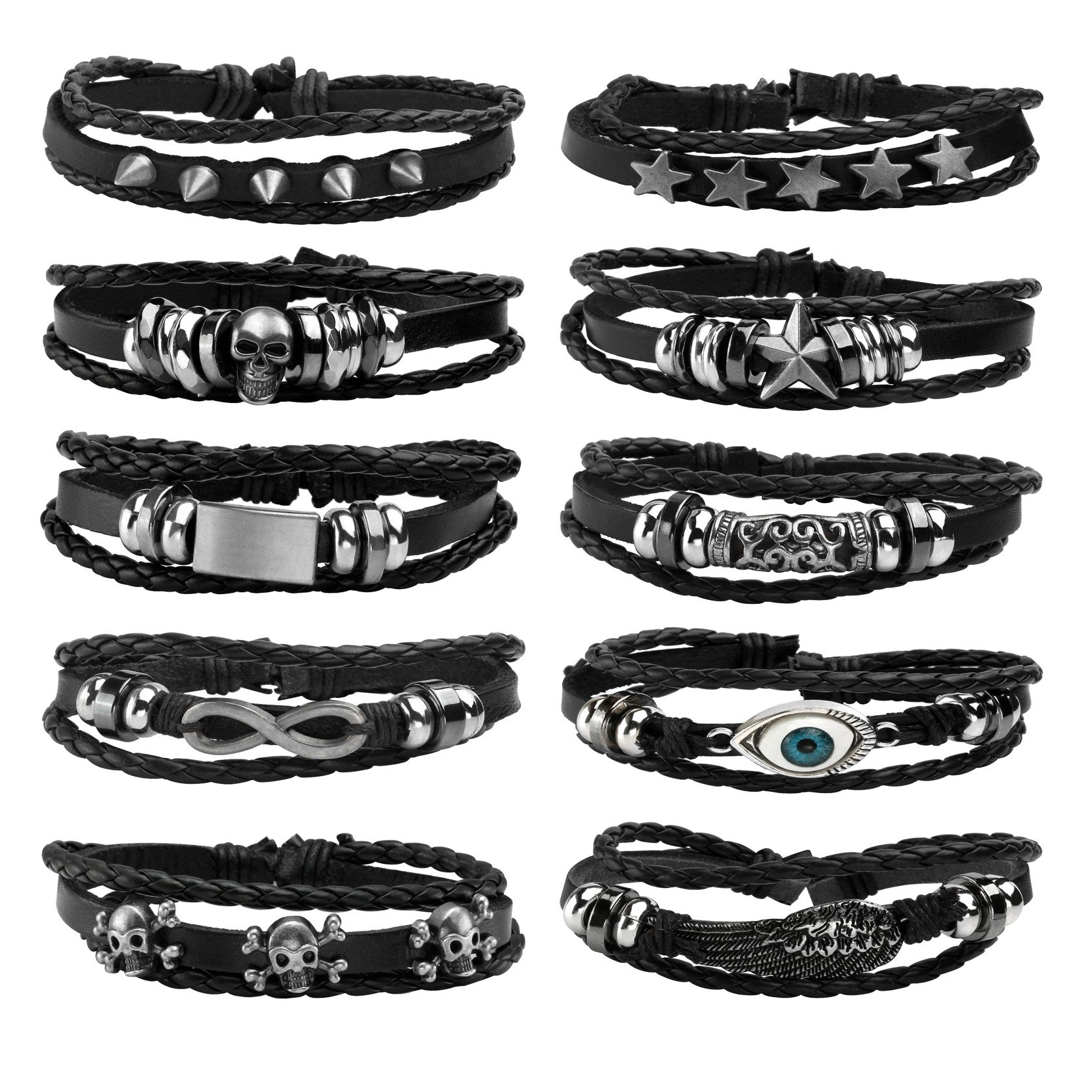MILAKOO 10 Pcs Punk Goth Leather Bracelets Handmade Braided PU Bracelets for Men Women Skull & Star & Studded Charms — image 1