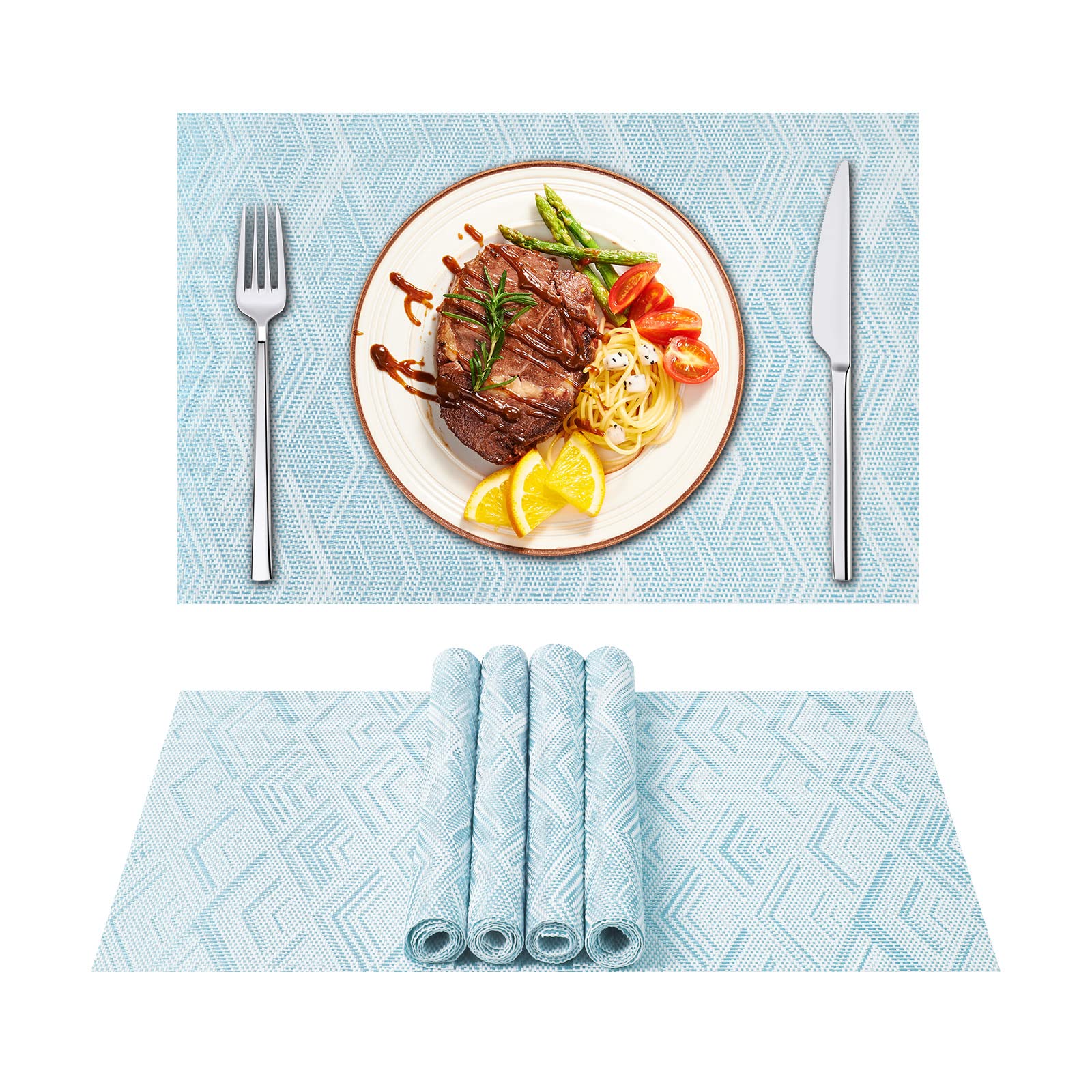 ASYOUWISH Set of 6 PVC Kitchen Table Place Mats, Non-Slip and Washable? Ecological, Ideal for the Kitchen Light Blue