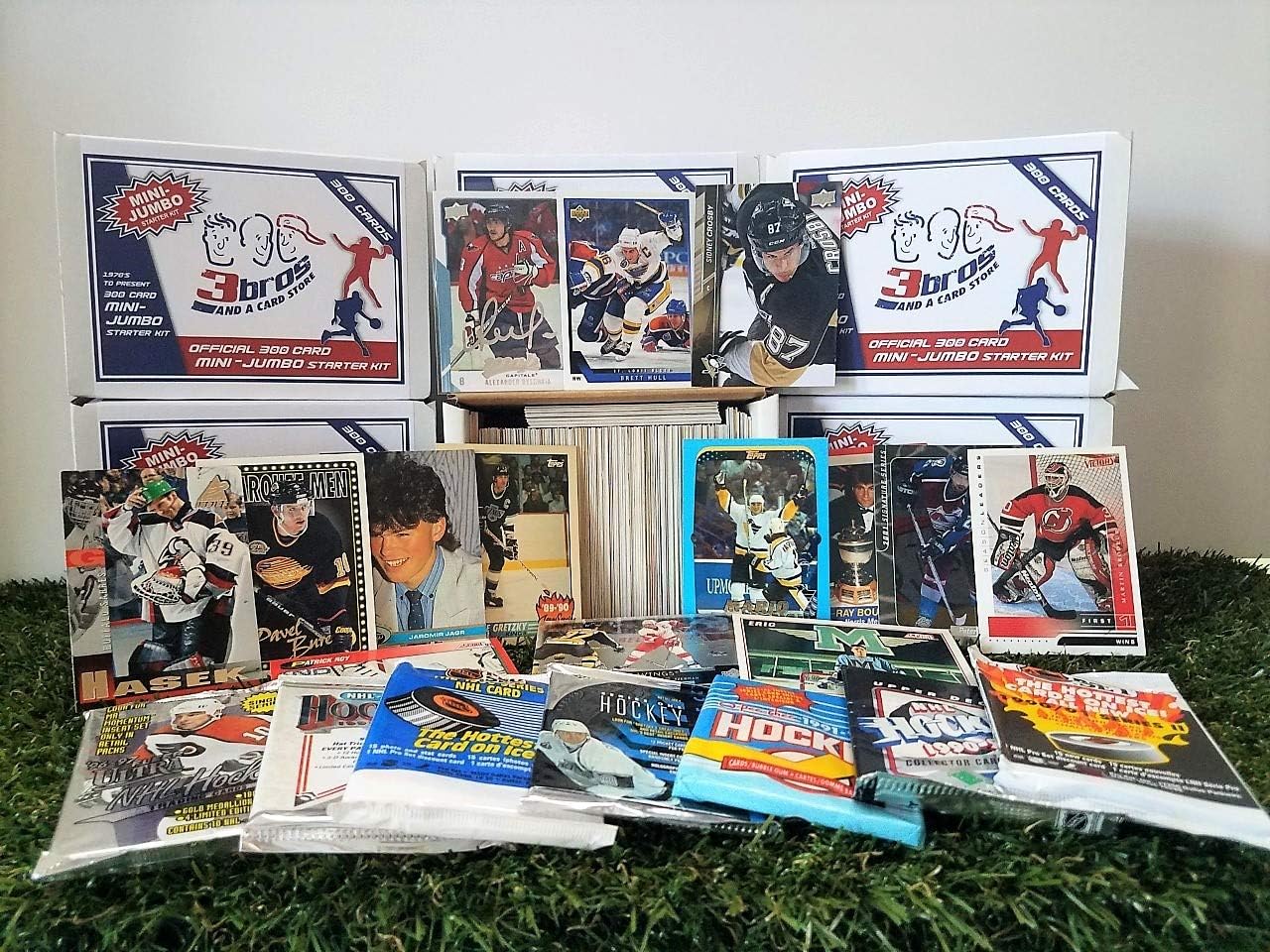 Limited Edition 300 card MINI-JUMBO lot of Hockey cards + 3 Vintage Unopened Wax Packs Starter Kit. Comes in Custom Souvenir Box- Great gift for the 1st time collectors! OVER 1,100 SOLD by 3bros