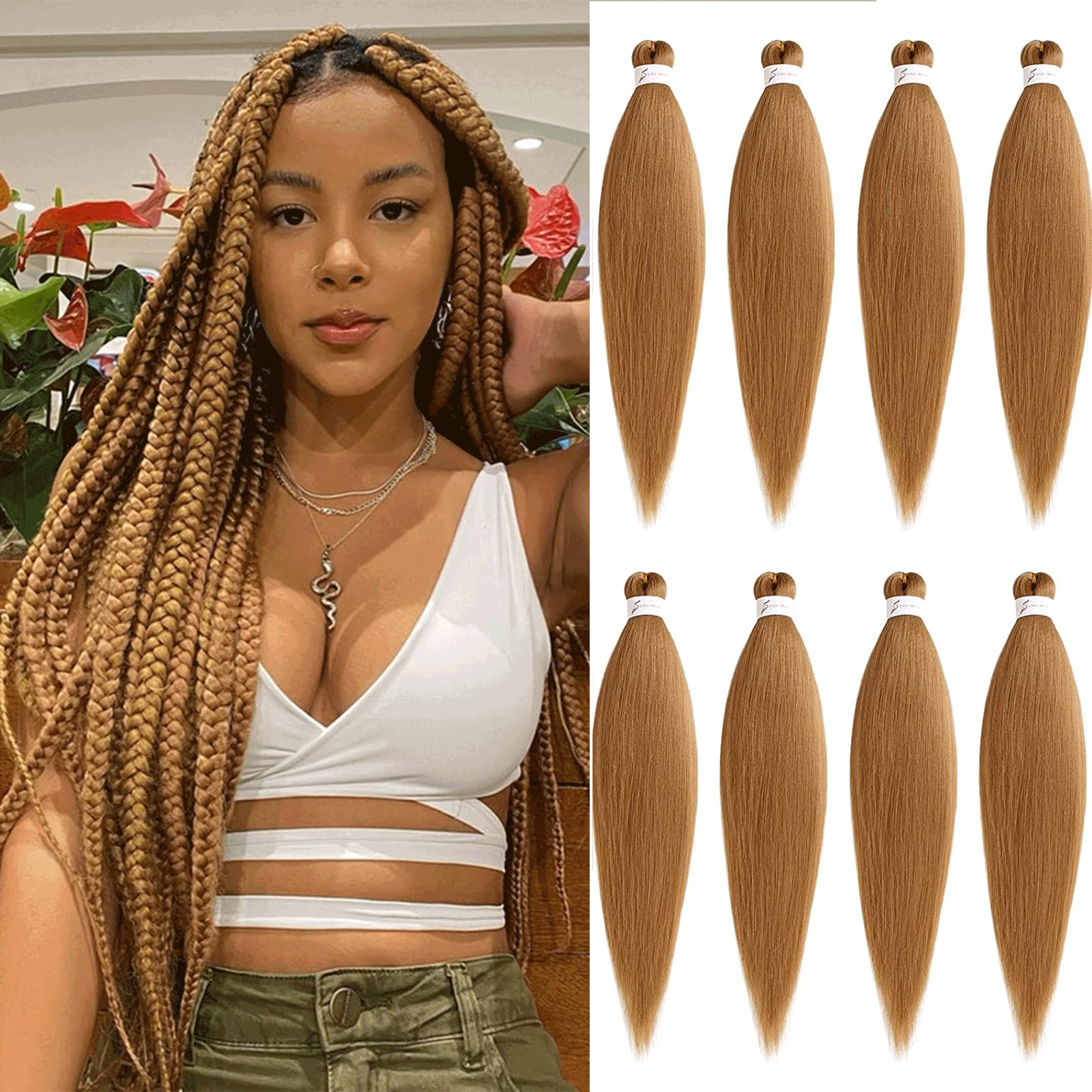 Xtrend 8 Packs 20 Inch EZ Braiding Hair Extensions Pre Stretched for Box Braids Yaki Straight Hair Kanekalon Fiber Pre Stretched Crochet Braiding Hair Extension 27#