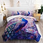 AILONEN Beautiful Peacock Comforter Set,Purple Bird Peacock Bedding Set for Kids,Women Queen Size,Luxurious Bird Floral Duvet Set for All Season,1 Quilt + 2 Pillowcase,3-Piece