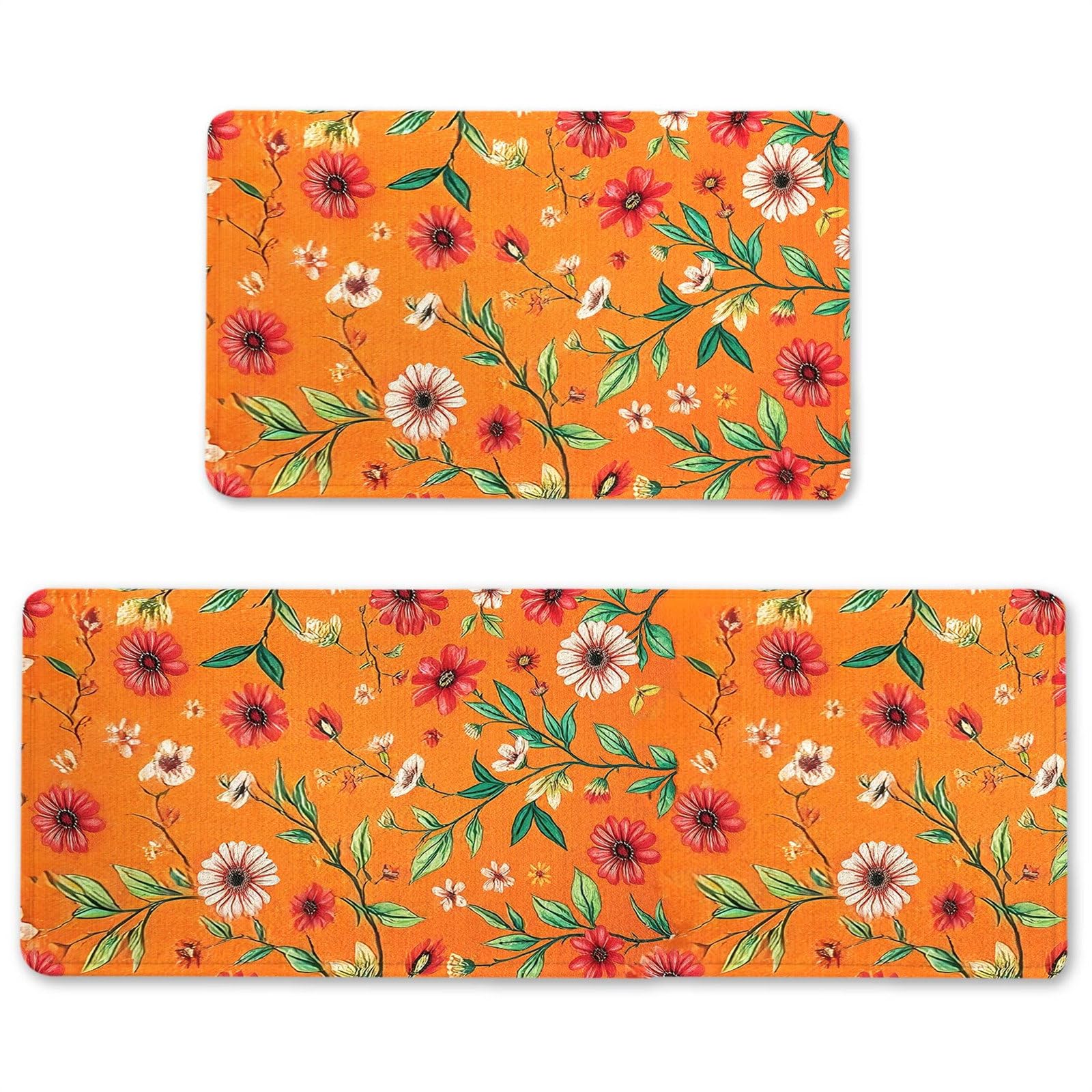 YOOMODERN Floral Kitchen Rug Set of 2 Non-Slip Backing Kitchen Mat 2 Piece Water Resistant Kitchen Orange Flowers Rug