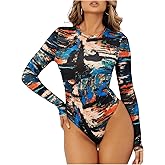 GORGLITTER Women's Long Sleeve Mock Neck Body Suits Graphic Letter One Piece Bodysuit Colorful Leotard Tops