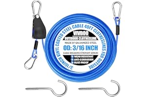 VIVBOO 40ft Clothes Line Outdoors 3/16" Wire Ropes Blue PVC Coating Laundry Drying Clothesline Retractor with Metal Hooks Heavy Duty for Umbrella Travel Outside Camping Backyard