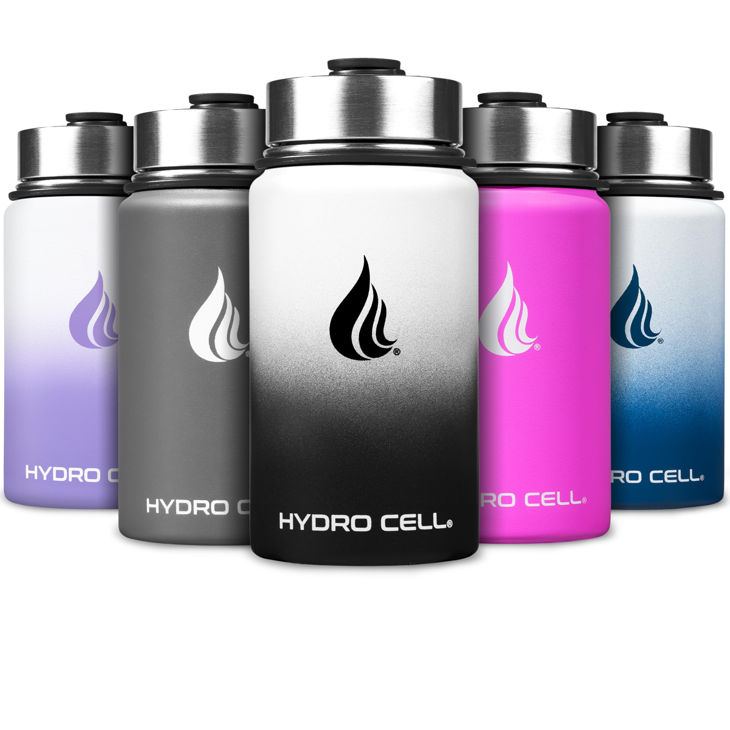 HYDRO CELL Stainless Steel Water Bottle w/Straw & Wide Mouth Lids (40oz 32oz 24oz 18oz) - Keeps Liquids Hot or Cold with Double Wall Vacuum Insulated Sweat Proof Sport Design (Black/White 14oz)