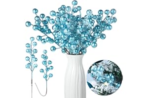 Censen 36 Packs Berry Stems Glitter Christmas Ornaments 8 Inch Snow Frosted Artificial Christmas Picks Holly Berry Branche Spray Picks for Xmas Tree Decoration Holiday DIY Crafts Home Decor (Blue)