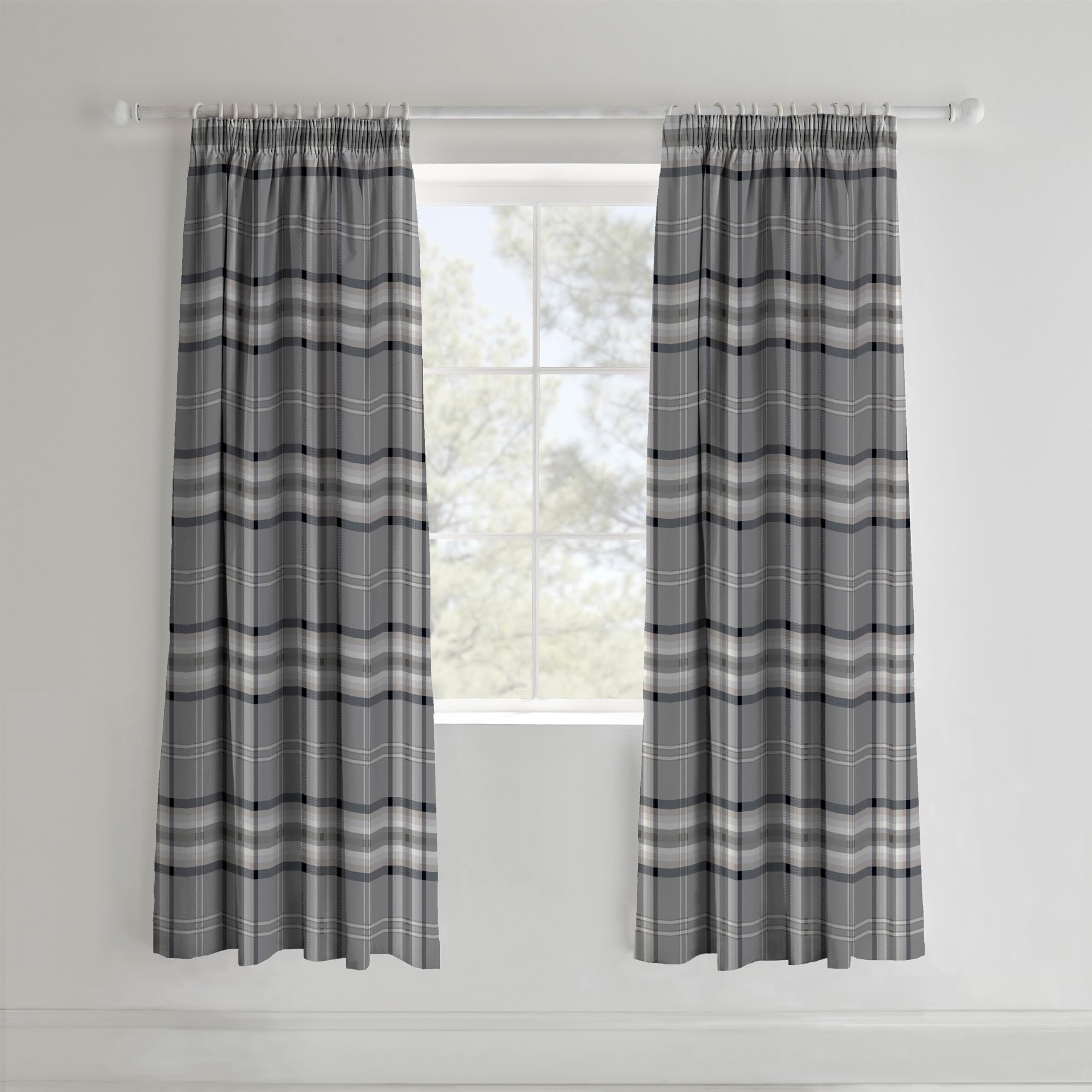 Catherine Lansfield Kelso Check 66x72 Inch Lined Pencil Pleat Curtains Two Panels Charcoal Grey