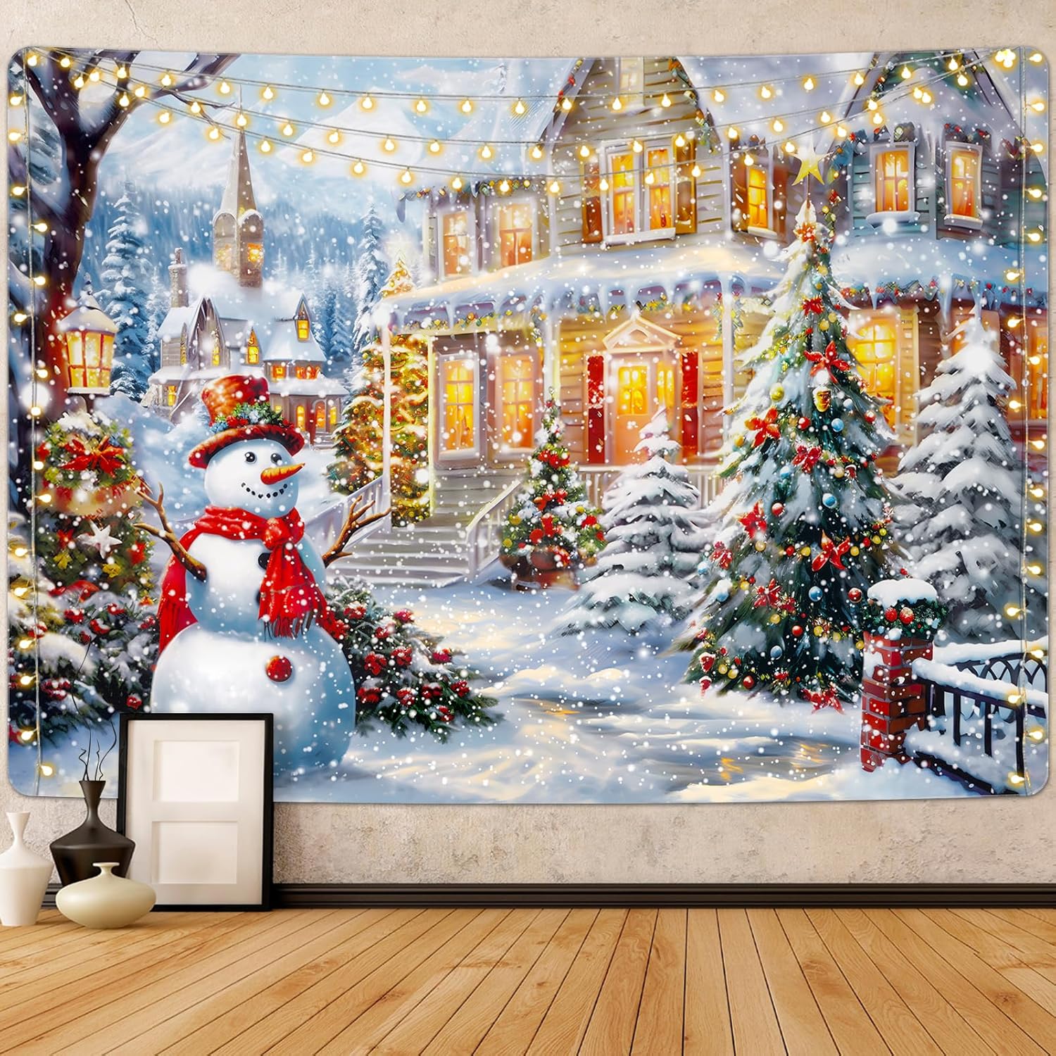 Tapestries - Krelymics Christmas Tapestry Xmas Tree Tapestries Snowman Tapestry Snow Happy New Year Backdrop Decor Winter Warm House Tapestry Wall Hanging for Bedroom(51.2 x 59.1 inches)