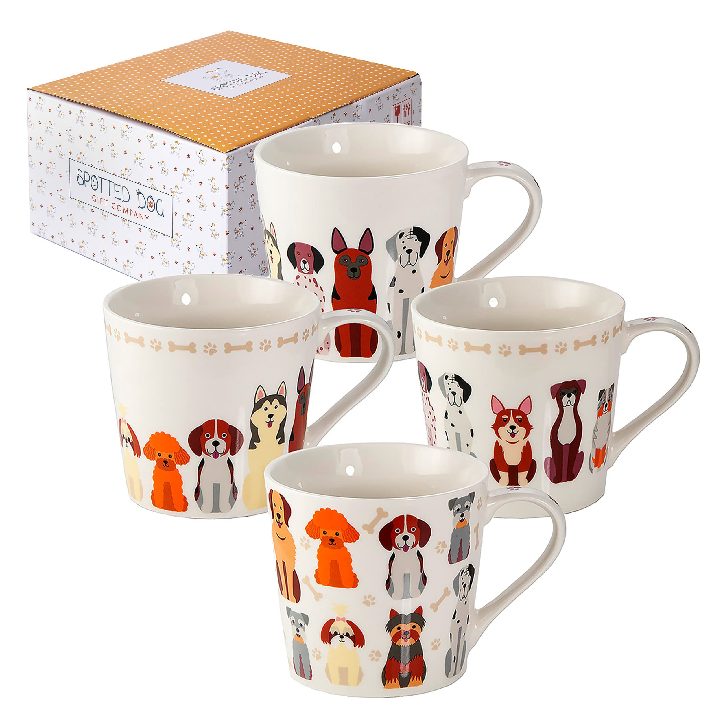 SPOTTED DOG GIFT COMPANY Dog Mugs Set of 4 – Large 380ml Ceramic China Coffee Mugs & Tea Cups - Cute Dogs Breed Themed | Dog Lover Gifts & Presents for Women & Men
