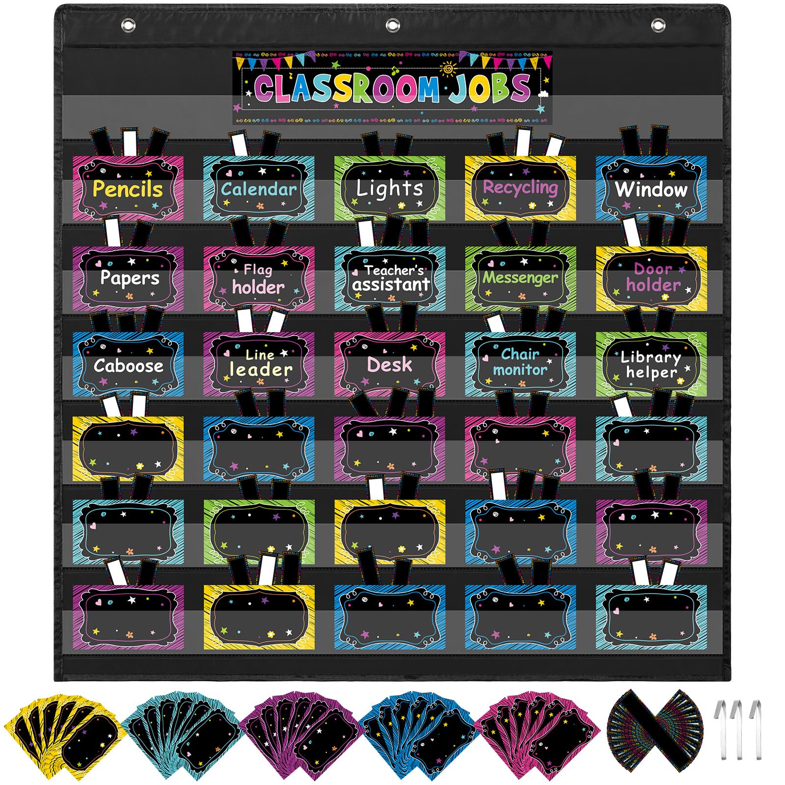 Photo 1 of Qeeenar Classroom Jobs Pocket Chart with 96 Cards and 3 Hooks Class Management Educational Schedule for Teacher Back to School Supplies(Blackboard)
