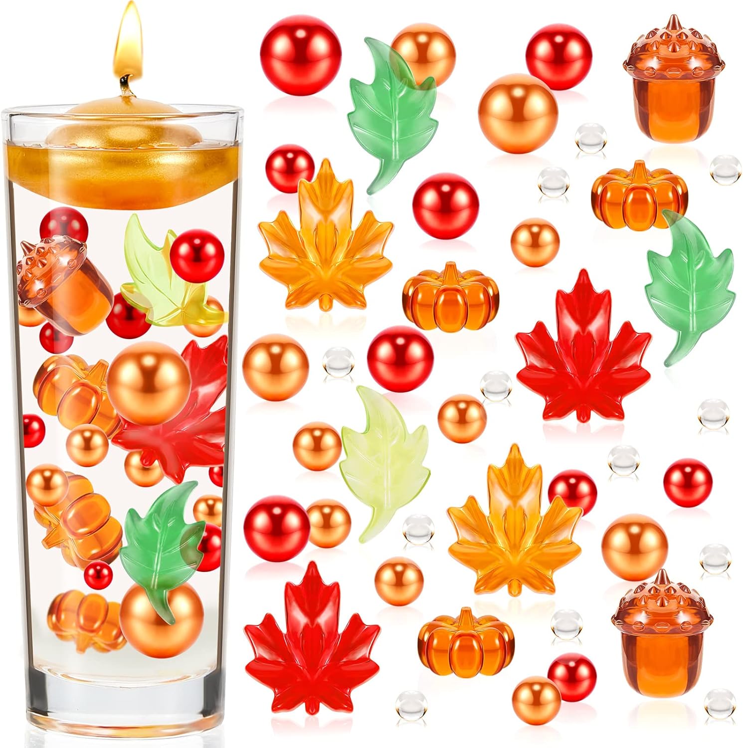 Vase Fillers - 2116 Pieces Thanksgiving Vase Filler Faux Pearl for Vase Filler Fall Pearls Water Gels Bead Floating Candle Centerpiece for Thanksgiving Halloween Fall Table Party Decoration (Mixed Leaves Style)