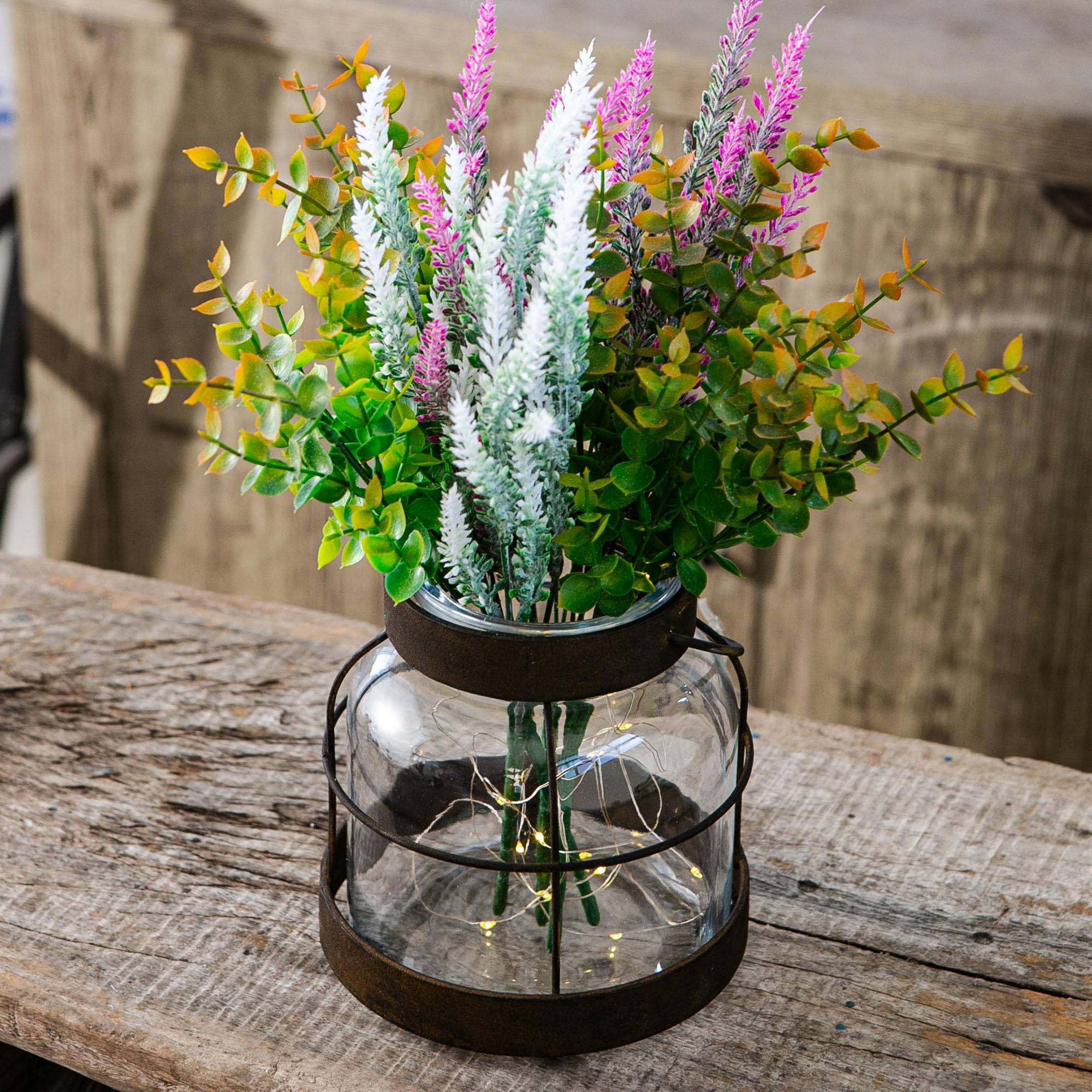 Photo 1 of Sowlvenco Vintage Farmhouse Glass Vase, Rustic Clear Vases with Lights and Plants Flowers, Primitive Vases for Country Home Decor, Cottage Style Table Centerpiece Vase