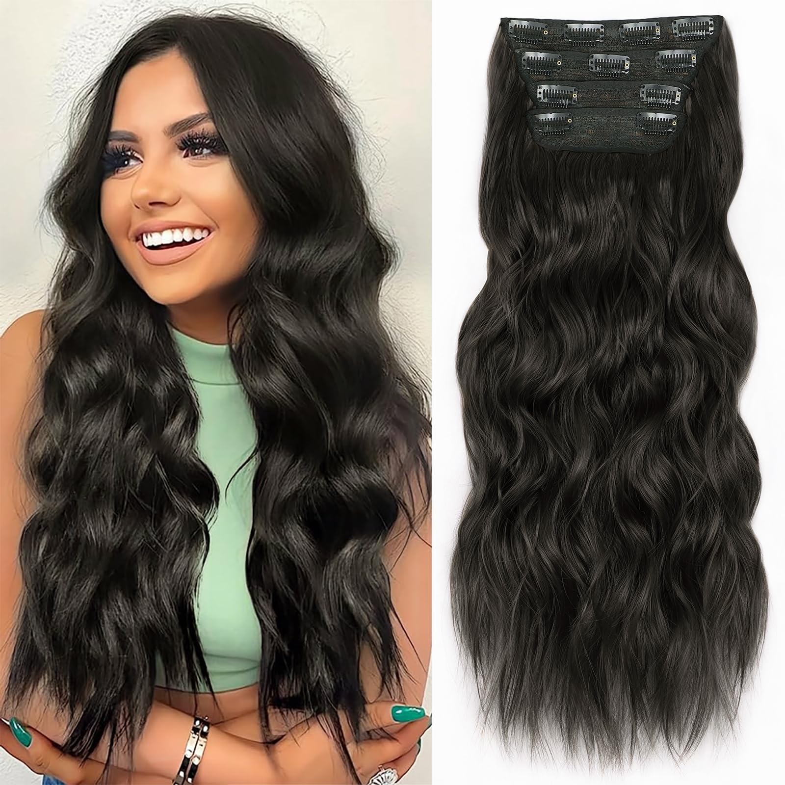 Photo 1 of ALXNAN Clip in Long Wavy Synthetic Hair Extension 20 Inch Black Brown 4PCS Thick Hairpieces Fiber Double Weft Hair for Women