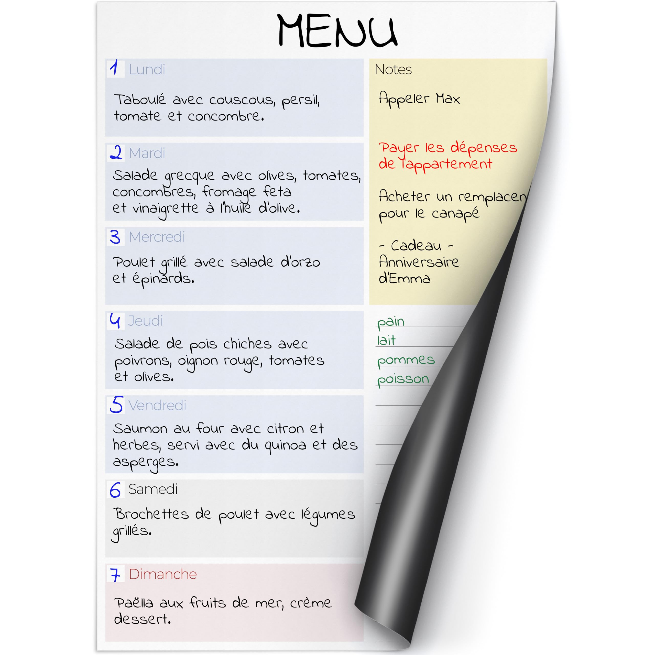 PACKLIST Magnetic Whiteboard Fridge Weekly in French. Weekly Planner Whiteboard Magnetic Fridge A4 Colourful Design – Organize Your Life, Meals and Daily Activities Organize Your Life Well!