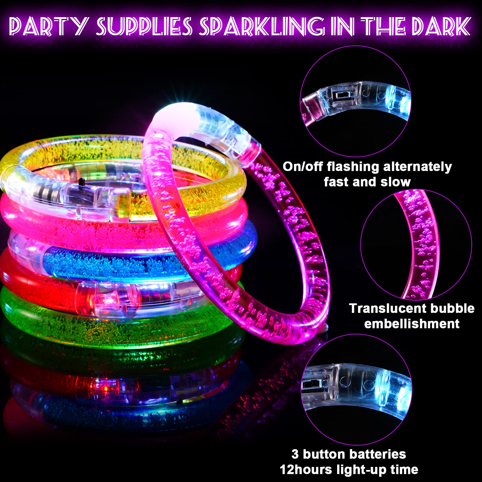 24Pcs Glow in the Dark Party Supplies for Kids/Adults, Flashing Light up Toys LED Bracelets Halloween Glow Sticks, Mardi Gras Party Favors Carnival Birthday Concert Gifts Accessory
