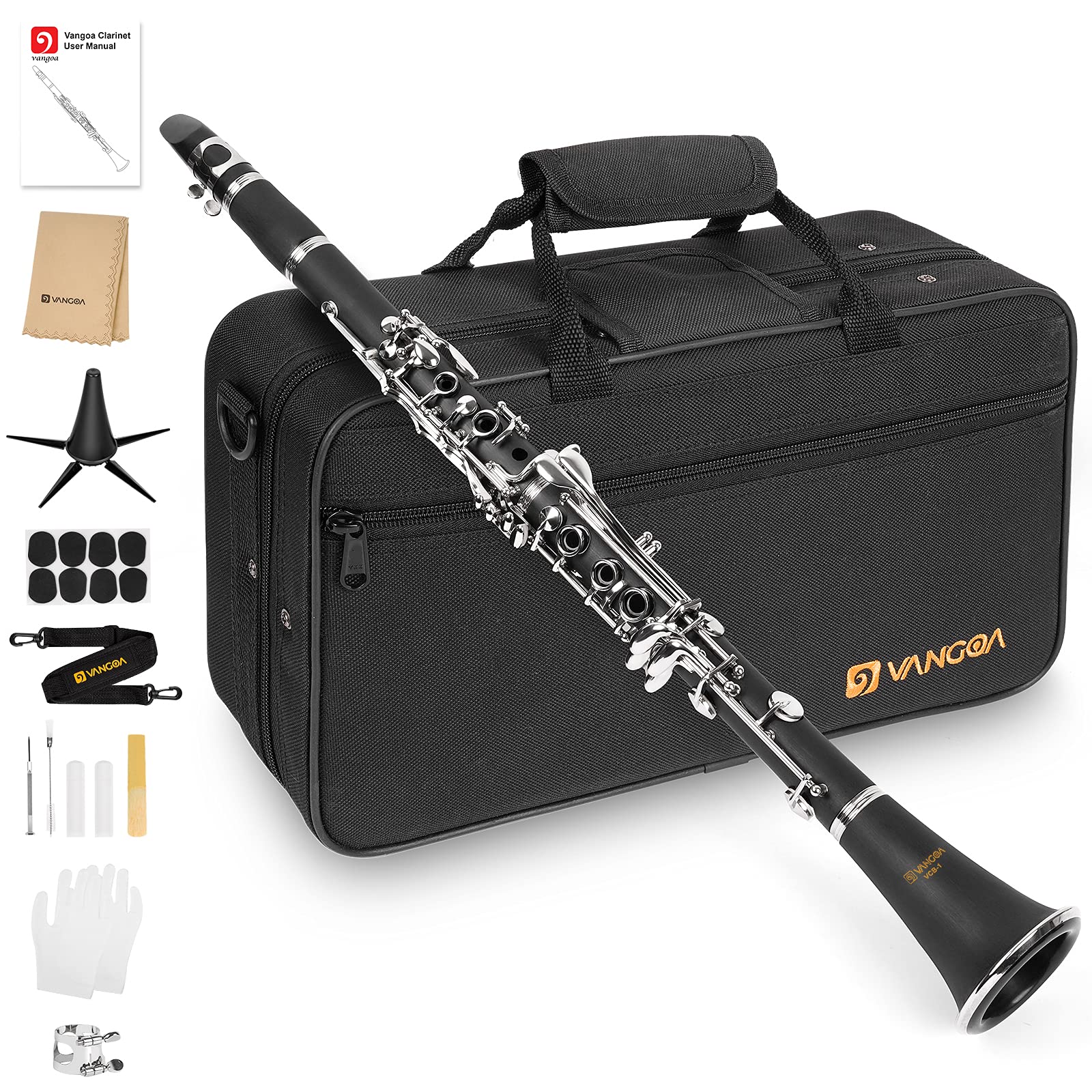 Vangoa B Flat Clarinet Student 17 Nickel Keys Beginners Woodwind Band & Orchestra Musical Instruments Standard Clarinet Set with 4C Mouthpiece