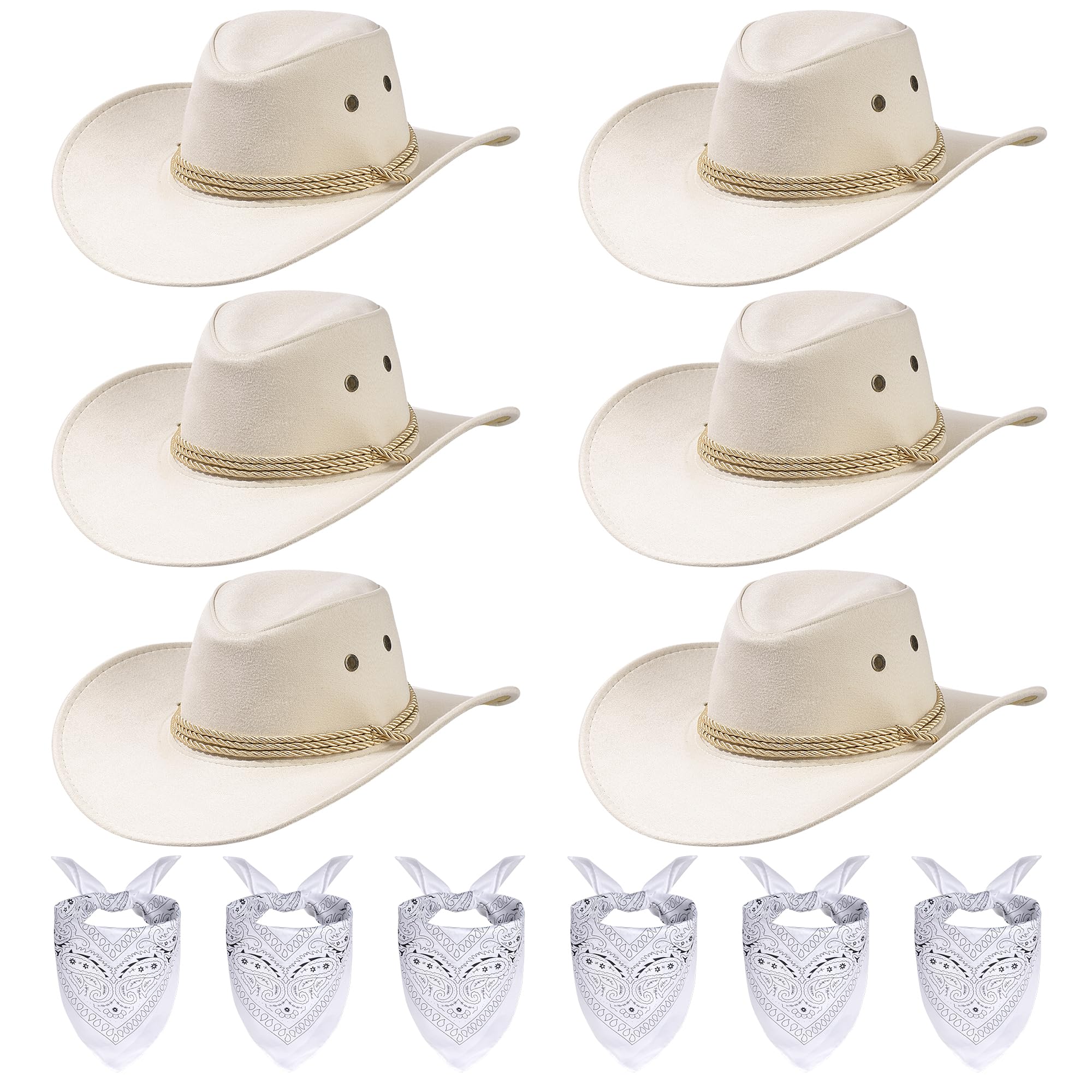 Photo 1 of 12 Pcs Cowboy Hat and Bandana Vintage Cowboy Costume Set Unisex Cowboy with Bandana Scarf for Women and Men Party Accessories (Cream white)