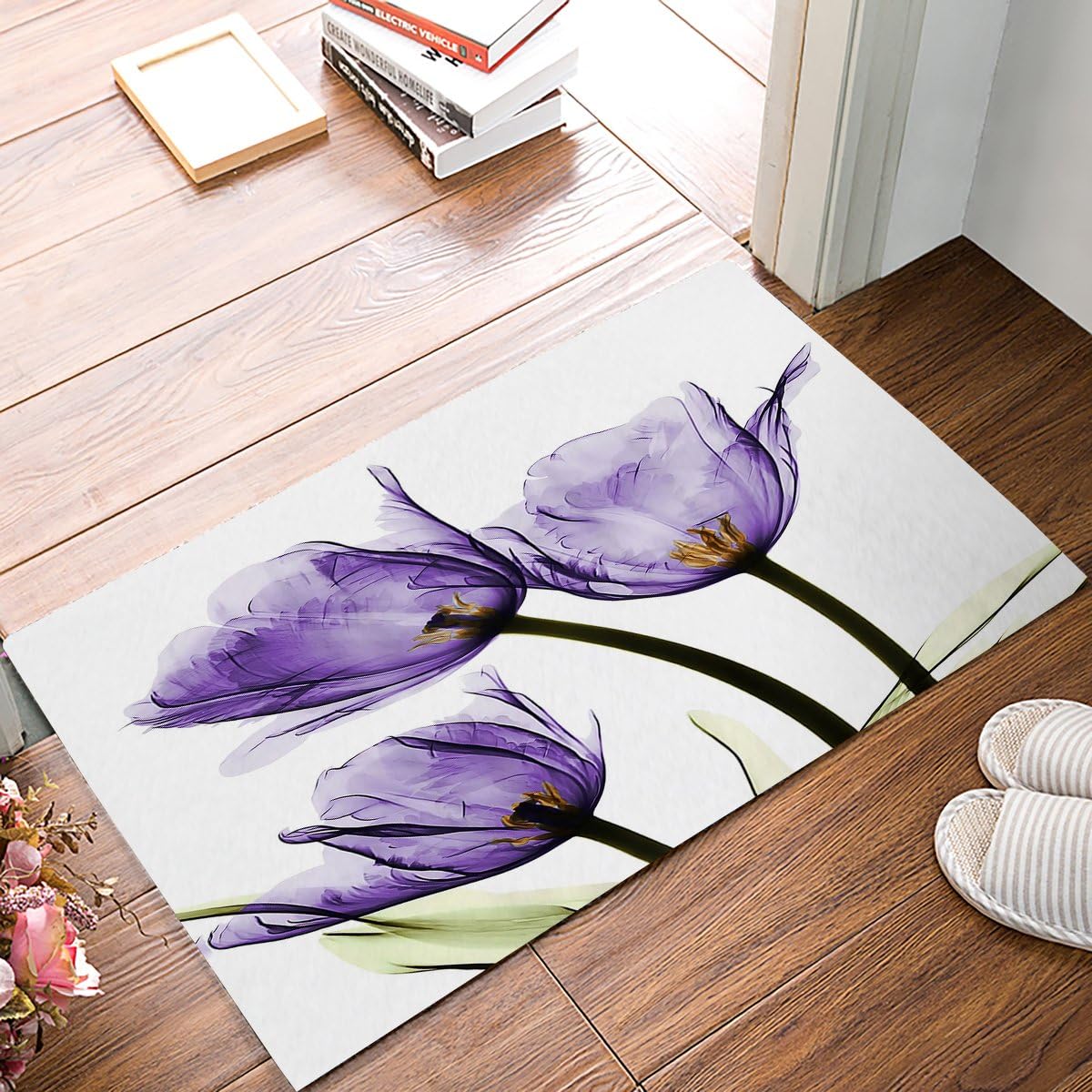Chic D Elegant Tulip Purple Flower Indoor Doormat Non-Slip Rubber Floor Welcome Mats Bath Rug Bathroom Mat 18W X 30L Inches
