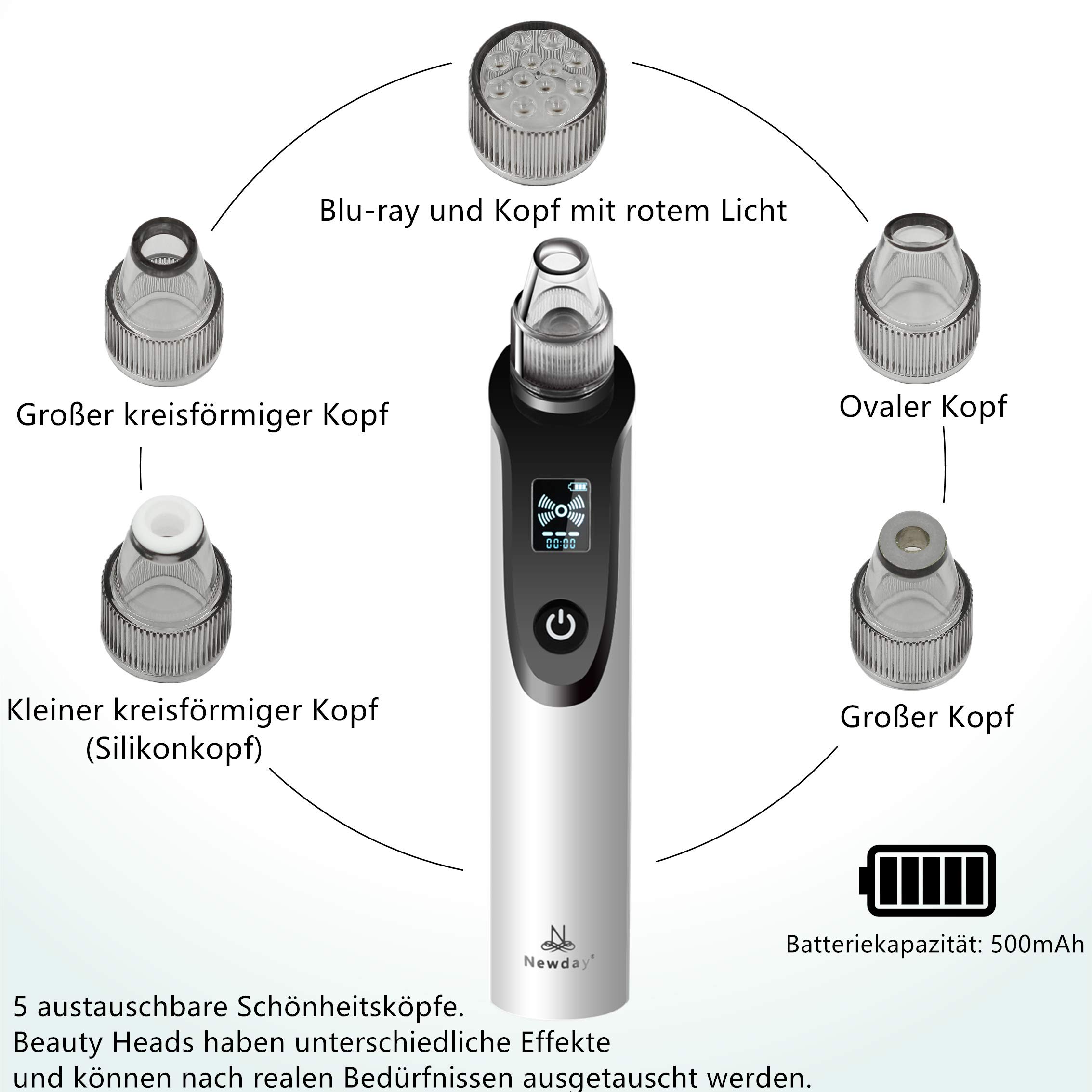 Porenreiniger Sauger, Newday X7 Mitesserentferner, Mitesser Sauger Porenreiniger Blackhead Remover, Mitesser Entferner mit 5 Reinigungsaufsätzen, Für eine schöne und gepflegte Haut, USB-Aufladung, Weiß