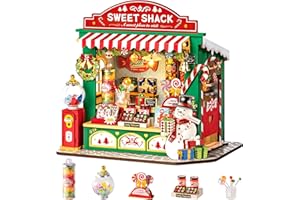 Rolife DIY Miniature House Kit Christmas Candy Stand Xmas Holiday Village Dollhouse, 170PCS Mini House Building Set Decor for