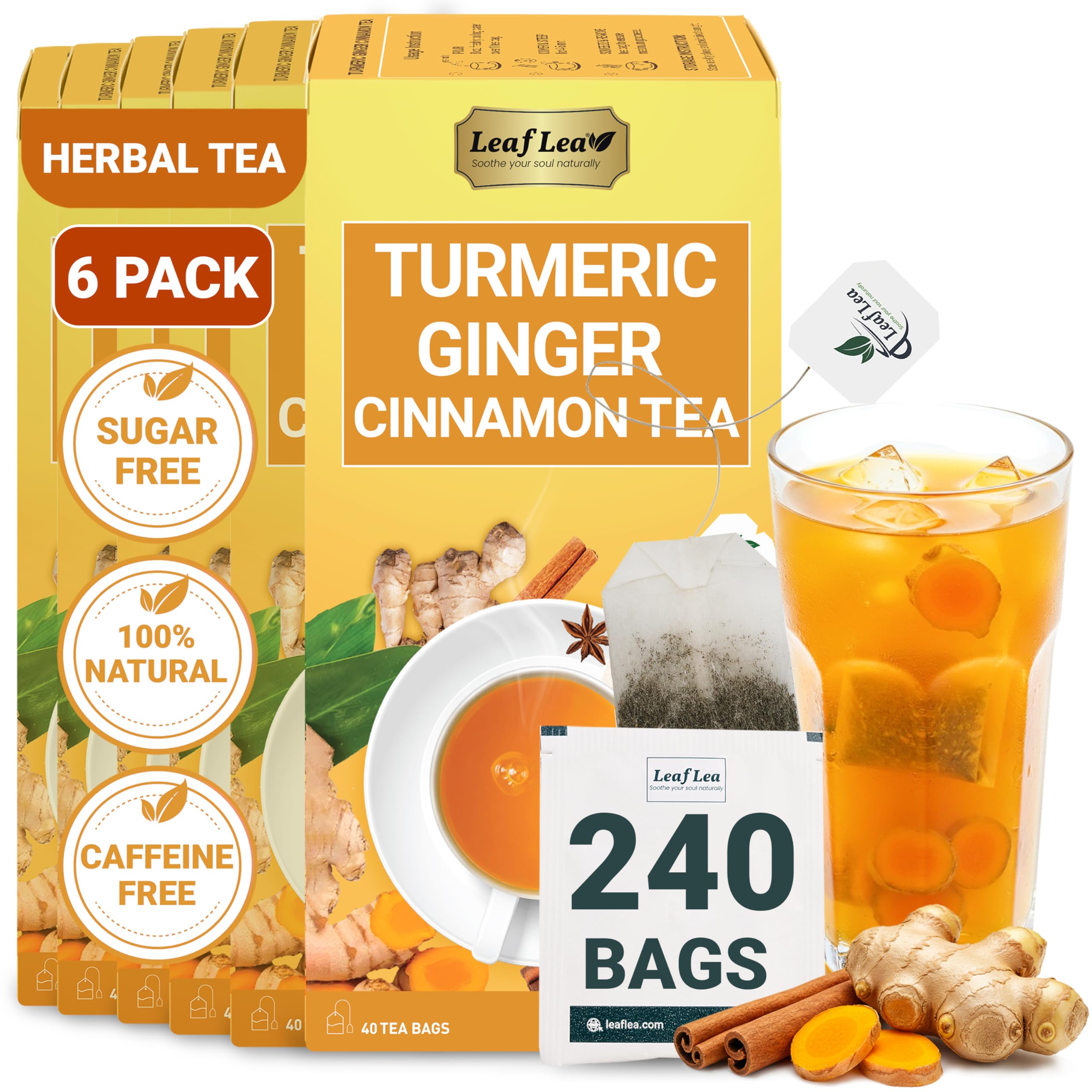 LeafLea 240 Turmeric Ginger Tea Bags, 100% Natural Herbal Blend with Cinnamon, Supports Digestion and Immune Health, Warm and Spicy Flavor, Sugar-Free, Caffeine-Free, Non-GMO, Pack of 6 Image