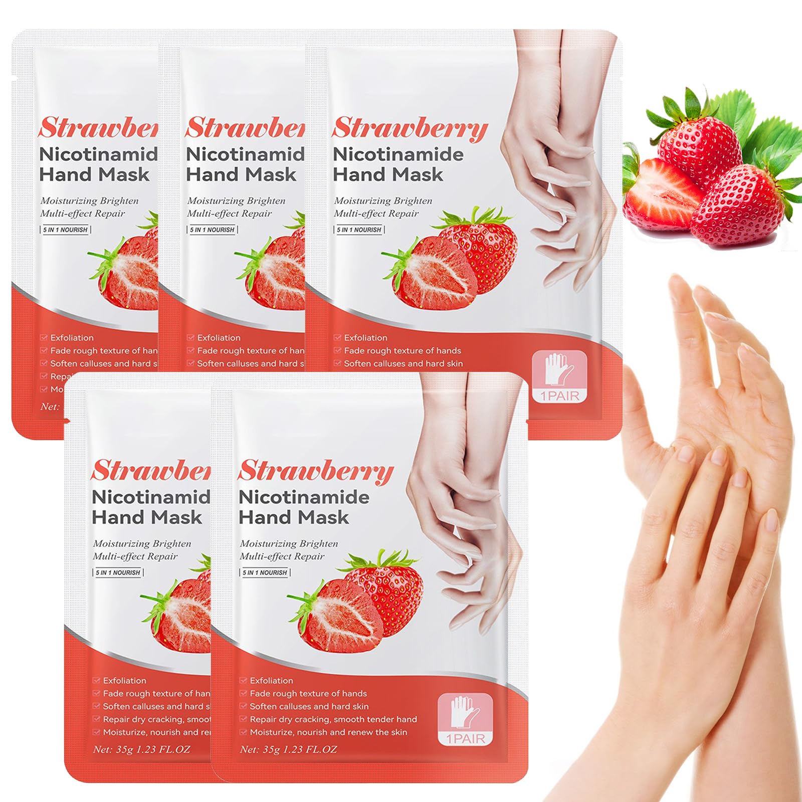 Hand Masks, 5 Pairs Of Moisturising Gloves, Hand Care For Dry Ageing Cracked Hands For Women And Men, Exfoliating Hand Masks With Strawberry Extract