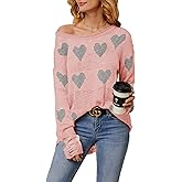 Tutorutor Womens Cute Love Heart Print Sweaters Oversized Off The Shoulder Loose Knitted Valentine Pullover Blouse Top