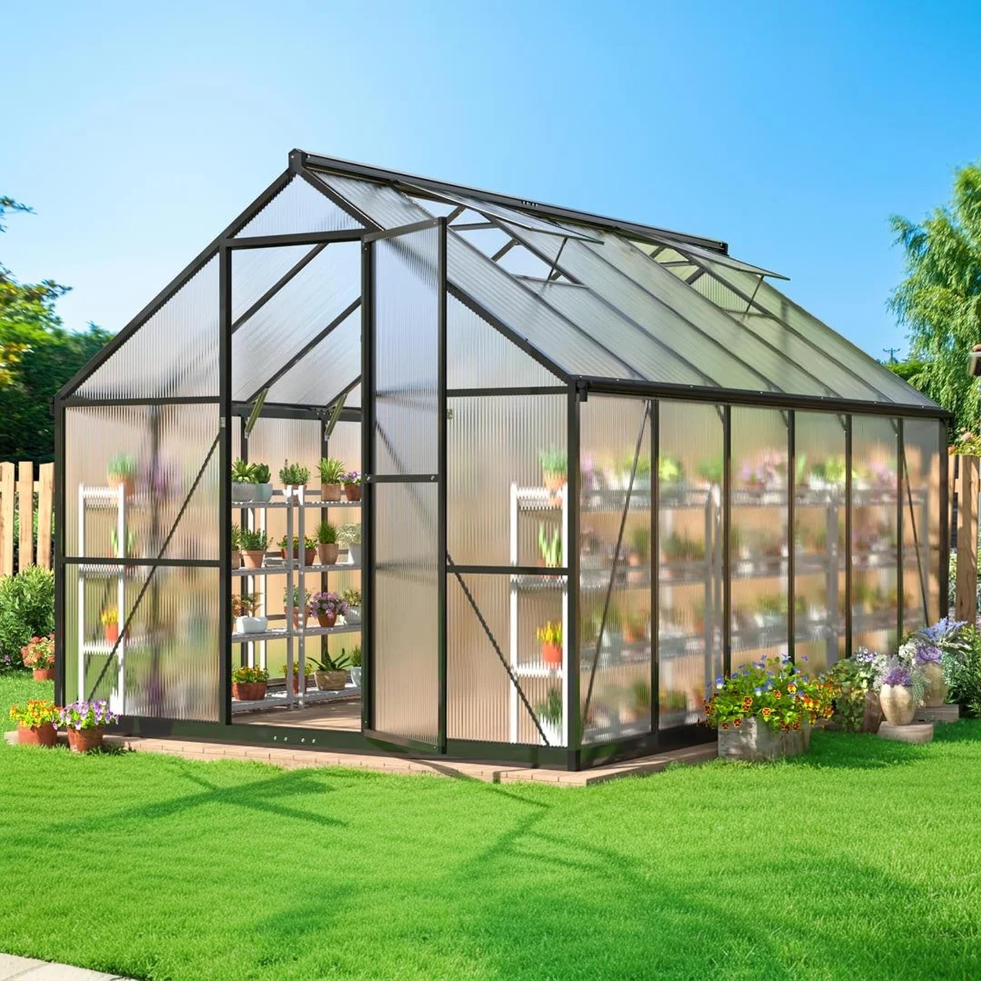 Photo 1 of ***PARTIAL SET***AirWire 8×12 FT Greenhouse for Outdoors, Quick Setup Polycarbonate Greenhouse with Roof Vent, Walk in Green Houses for Outside for Outdoor Garden Backyard, Black