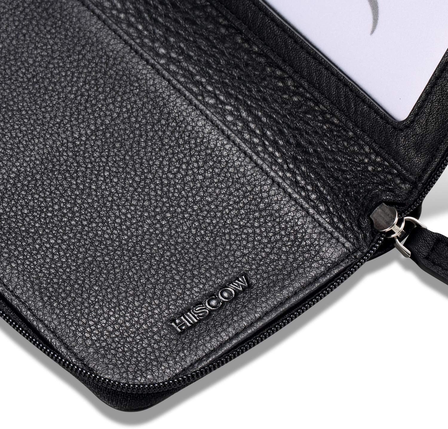 HISCOW Zippered Checkbook Cover & Card Holder with Divider - Italian Calfskin (Pebbled Black)