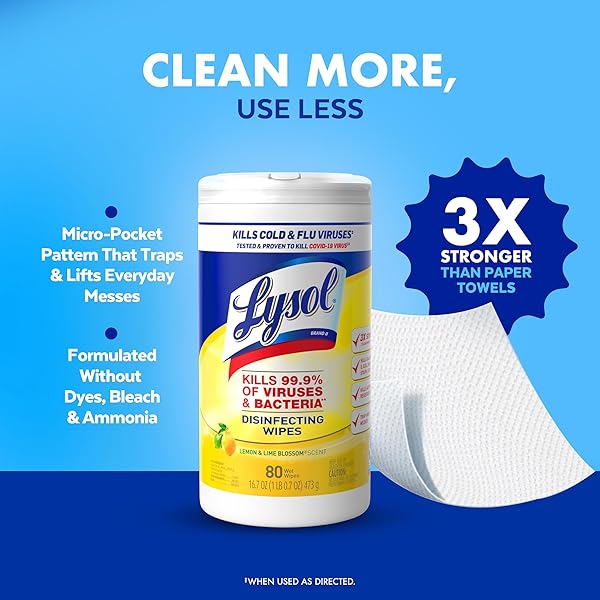 LYSOL DISINFECTING WIPES BUNDLE, HOME APARTMENT DORM ROOM ESSENTIALS AND CLEANING SUPPLIES, ALL PURPOSE CLEANER, MULTI-SURFACE CLEANING WIPES, LEMON AND LIME SANITIZING WIPES BUNDLE, 80 COUNT