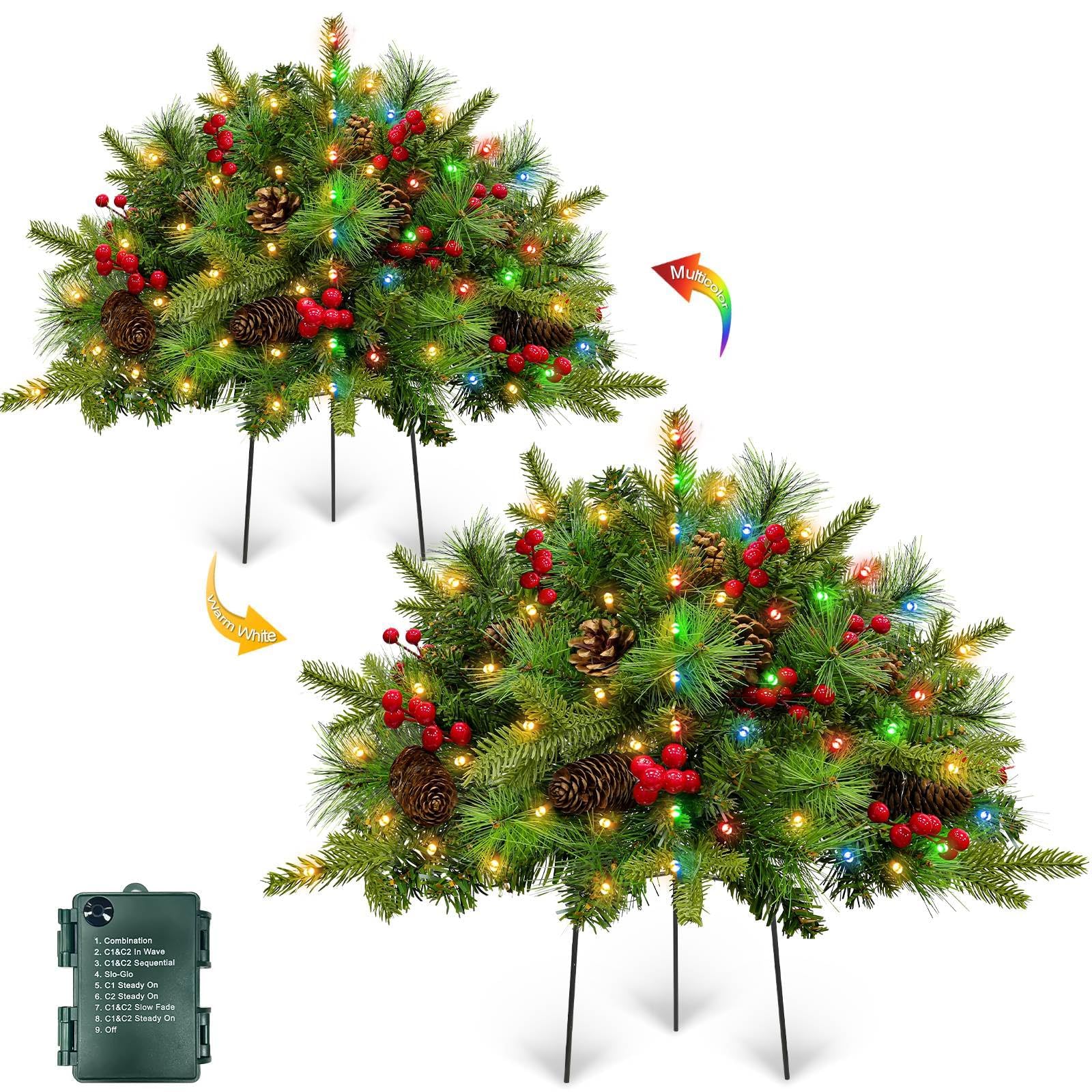 Photo 1 of 2 Pack 24" Lighted Outdoor Christmas Tree Urn Fillers with Timer 8 Mode Warm & Colorful Light Red Berries Pine Cones Battery Operated Tripod Stake Outdoor Light Up Planter Filler Porch Holiday Decor