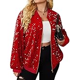 IN'VOLAND Womens Sequin Jacket Plus Size Sparkle Long Sleeve Jackets Front Zip Loose Casual Blazer Bomber Jacket with Pockets