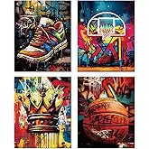 AIOCDIT Basketball Graffiti Canvas Wall Art Prints Teen Boys Room Wall Decor,Sports Colorful Art Posters Modern Bedroom Man Cave Decorations Set of 4 (8"x10",Unframed).