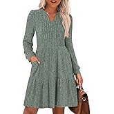 ANRABESS Long Sleeve Dress for Women Fall Fashion Outfits 2025 Casual V Neck Rib Knit Babydoll Sweater Dresses with Pockets