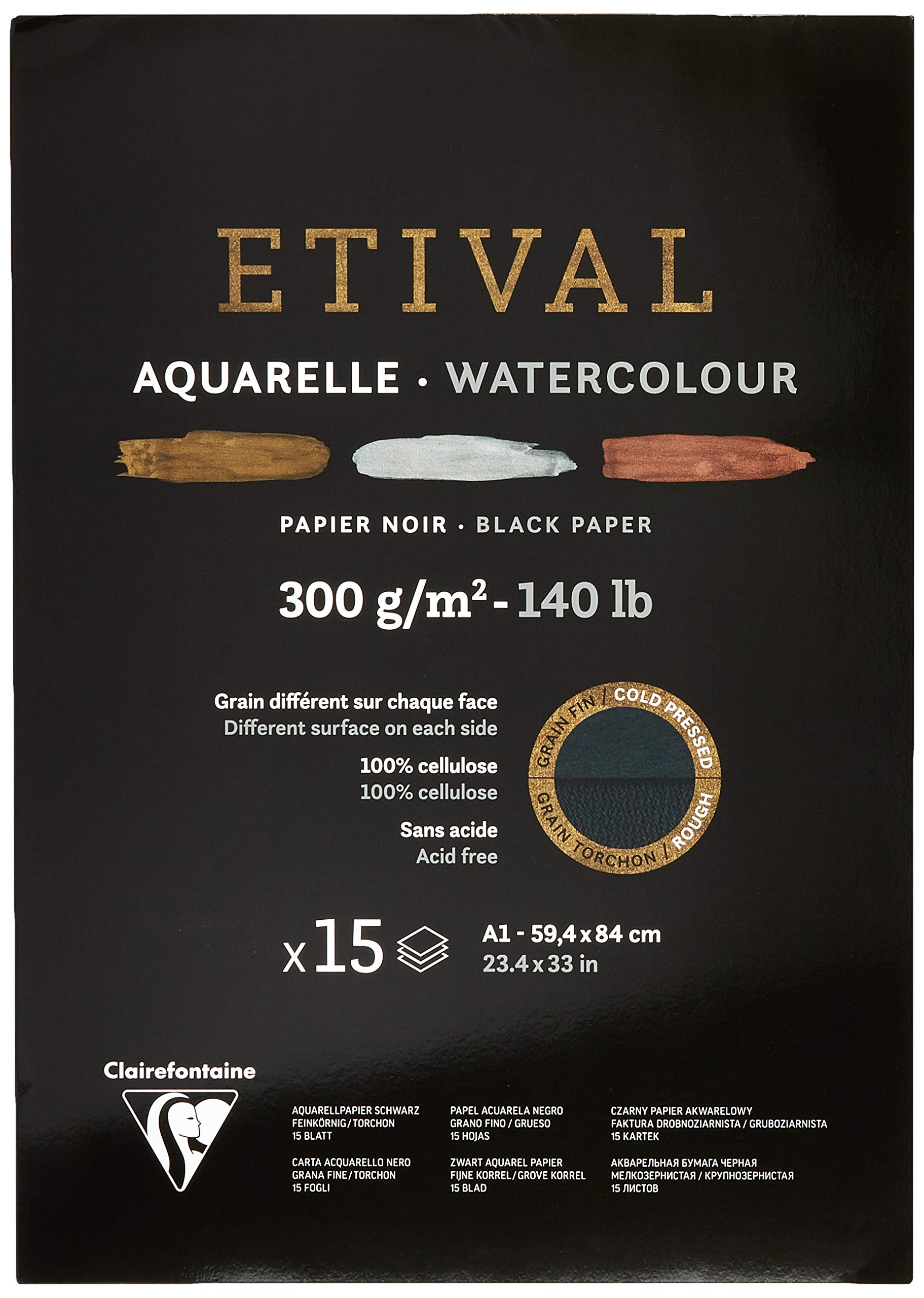 Clairefontaine - Ref 975321C - Etival Cold Pressed Black Watercolour Painting & Drawing Pad (15 Sheets of Paper) - A1 (84 x 59.4cm) - 300gsm Cellulose Art Paper