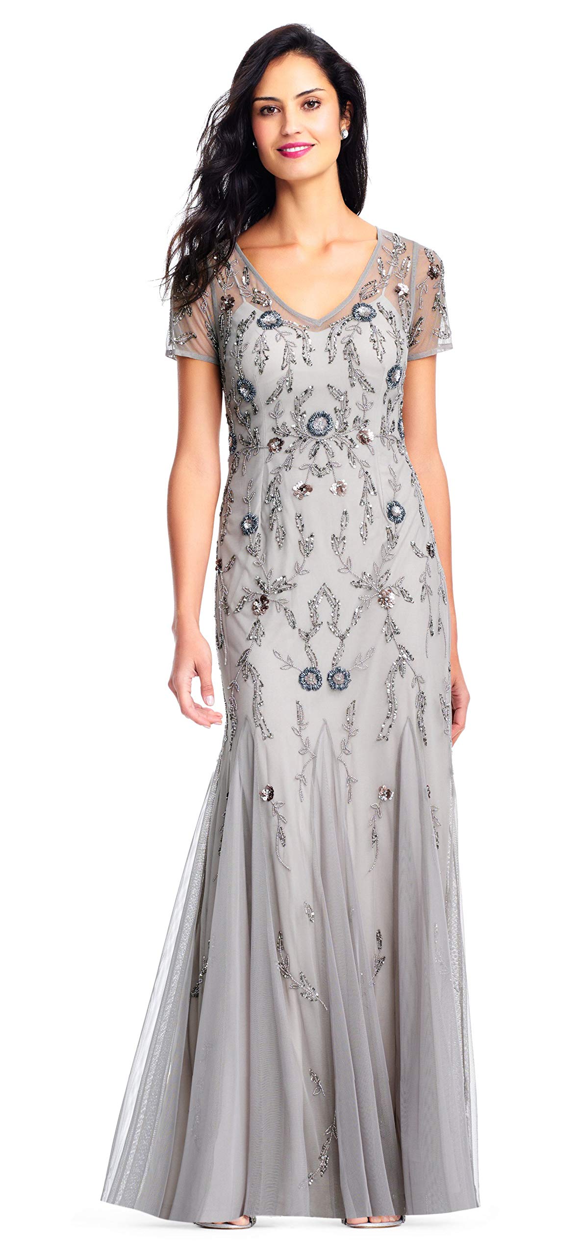 Adrianna Papell Women's Platinum Multi Beaded Long Dress 16 Shop New