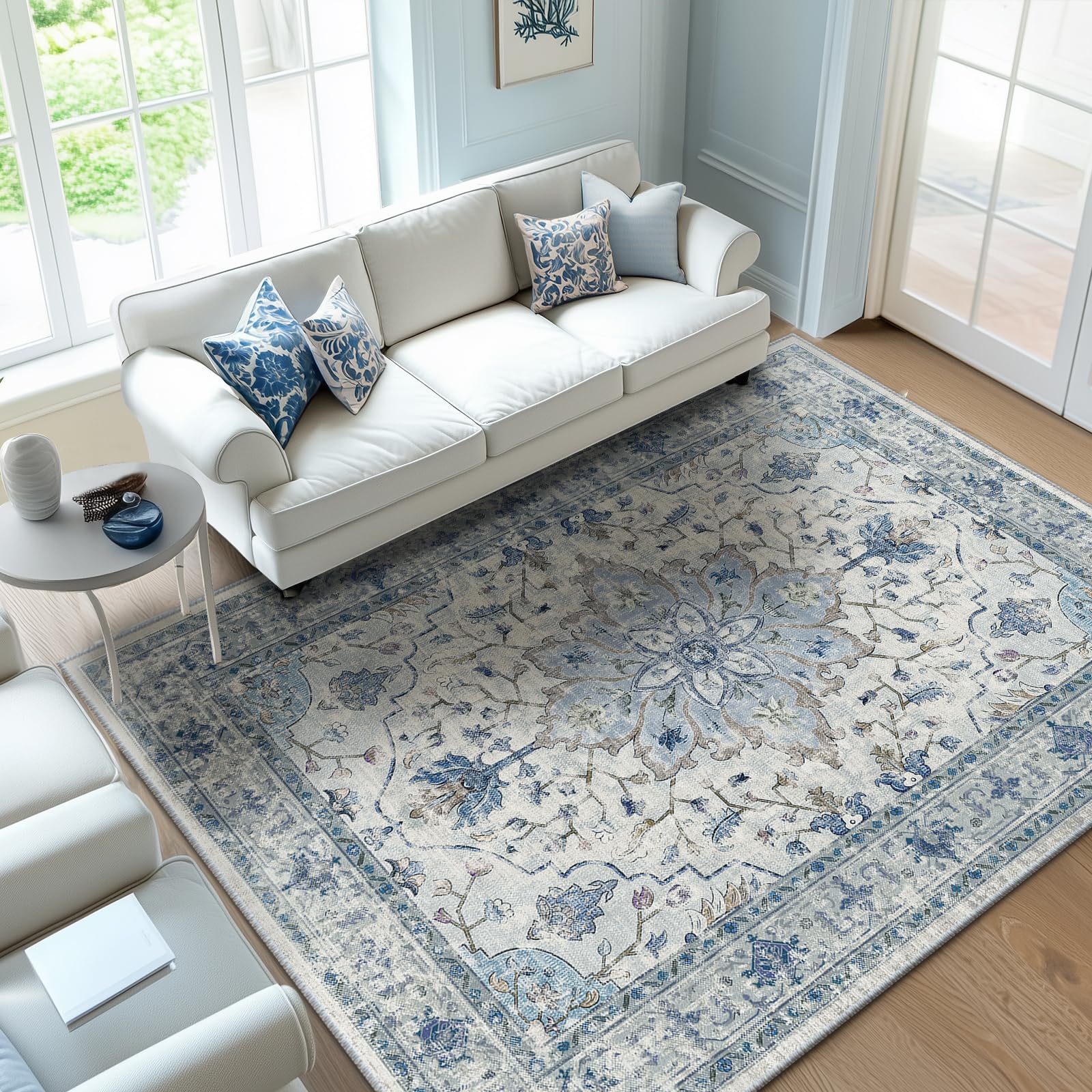 Photo 1 of RELEANY Area Rugs 6'x9' Washable Non-Slip, Floral Vintage Distress Print Pattern Medallion Carpet for Living Room Bedroom Dining Room, Light Blue Navy Beige Gray White