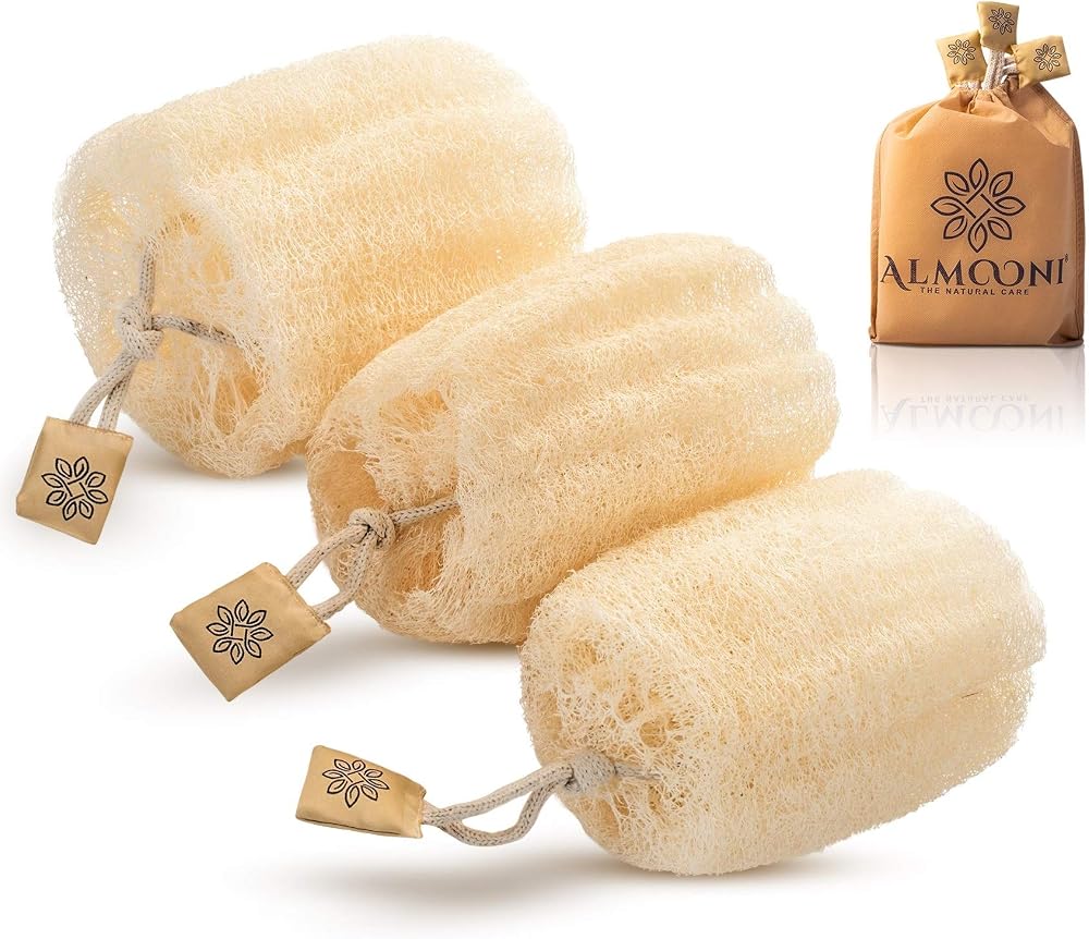 ALMOONI Natural Loofah Body Scrubber, Egyptian Loofah Sponge, 3 Count | Natural Egyptian Loofah Sponge, Round Shape Shower Sp