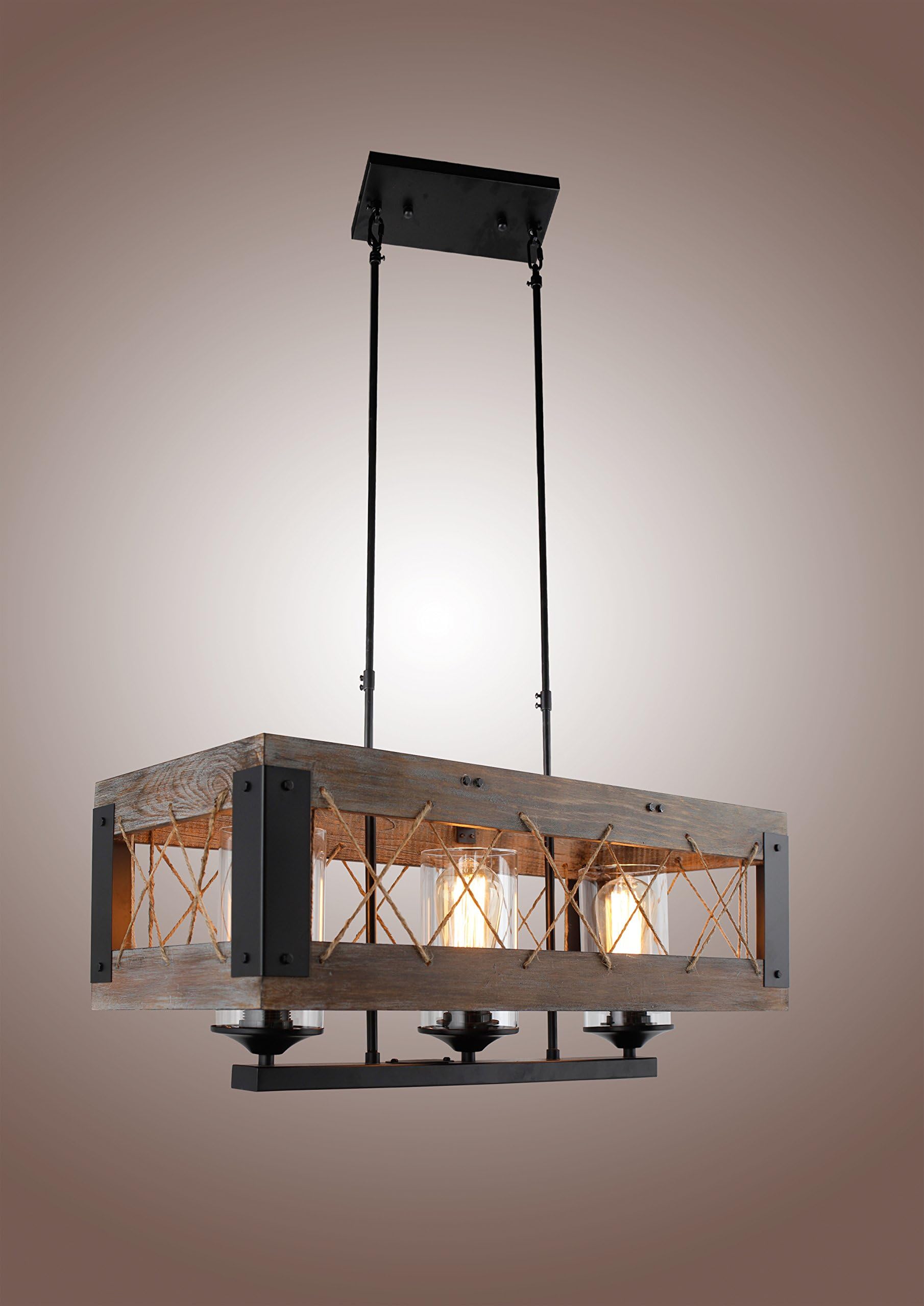 Decomust upc506 Wood Aged Metal Rectangular Chandelier Brown