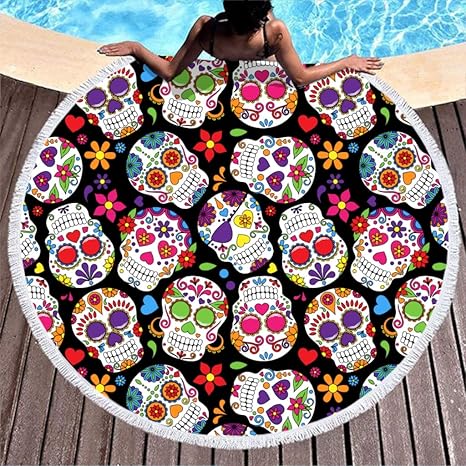 Amazon Com Gdamour Sugar Skull Large Round Beach Towel Microfiber Beach Blanket With Tassels Hippie Beach Throw Picnic Table Cloth Tapestry 59 Inch Home Kitchen