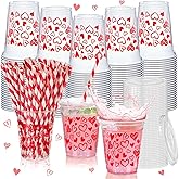 Umigy 100 Pack 12 oz Valentine's Day Plastic Cups with Lids and Straws Clear Disposable Cups Heart Cold Beverage Drinking Juice Water Coffee Valentine Party Wedding Dating Supplies(Red Heart)