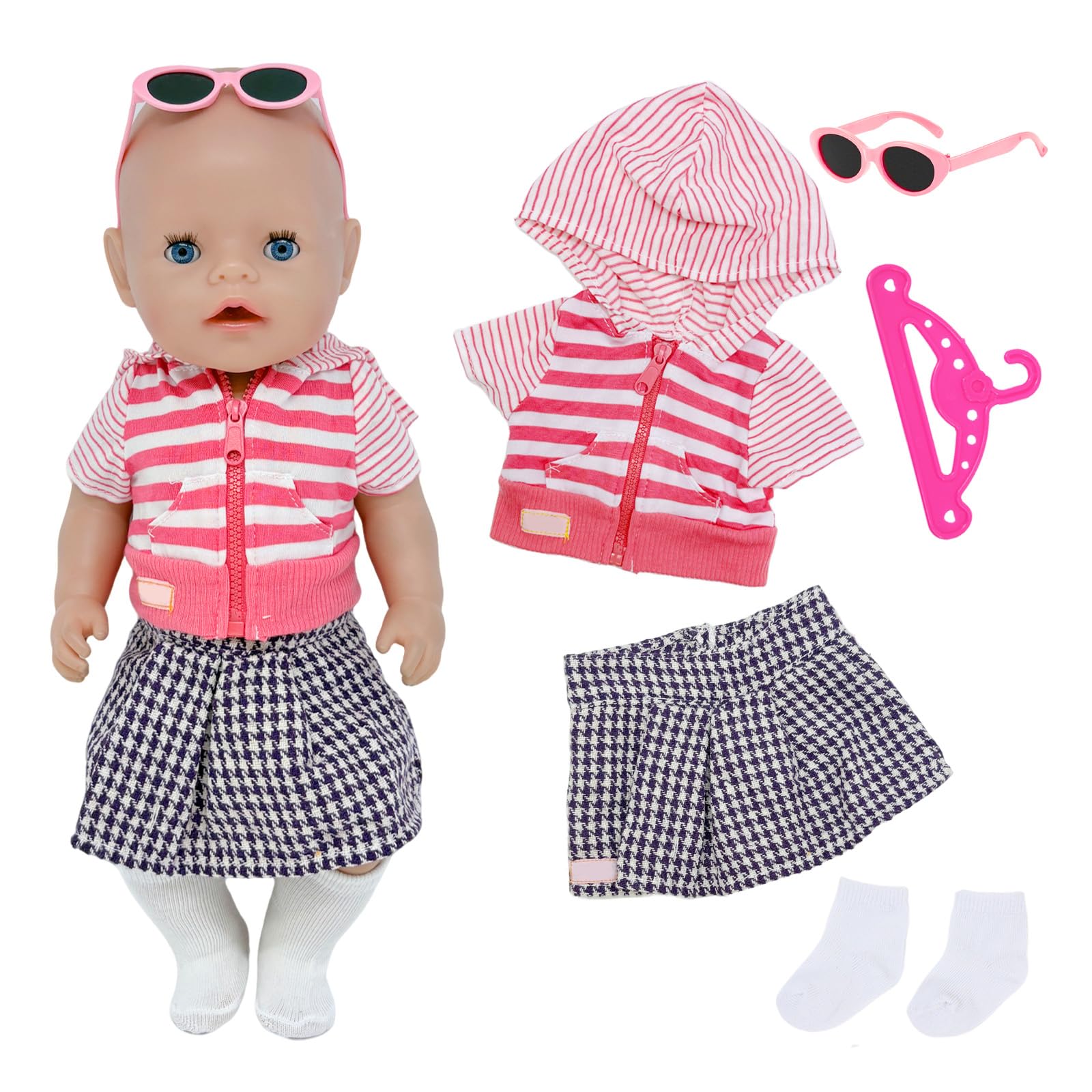 5 Piece Doll Clothes Outfits for 14-18 Inch Baby Dolls, 35-45cm Trendy Doll Accessories with Pink Striped Hoodie Jacket + Houndstooth Skirt + Hanger + Sunglasses + Socks(No Doll)